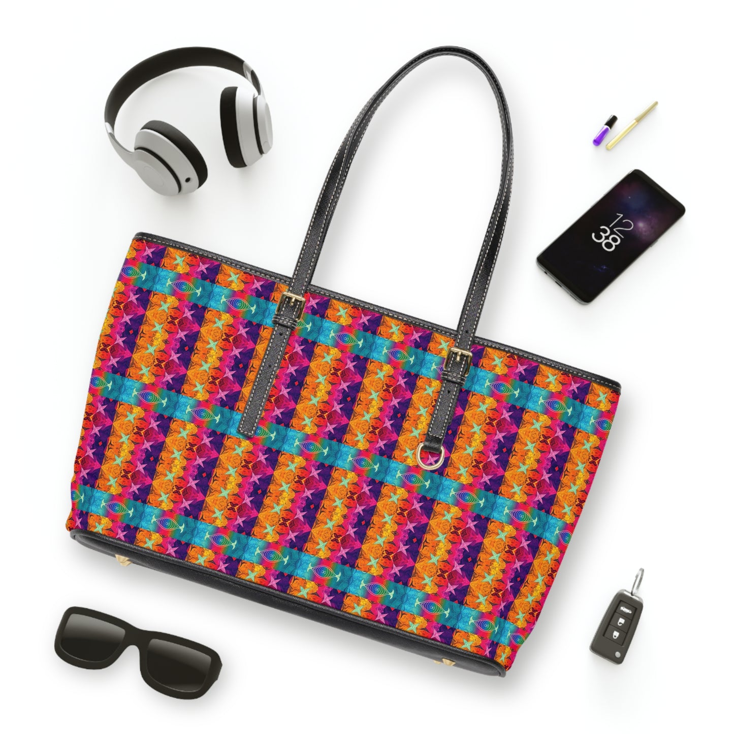 Leather Shoulder Bag, Pisces, Zodiac v1, Shapes Pattern