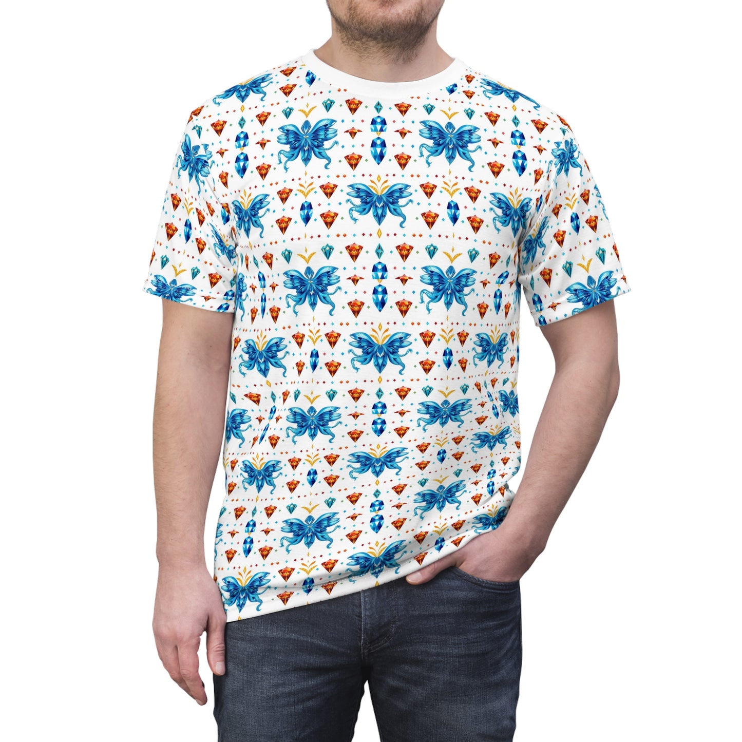 Unisex Cut & Sew T-Shirt, (AOP) Aquarius, Zodiac v3, Jewels Pattern