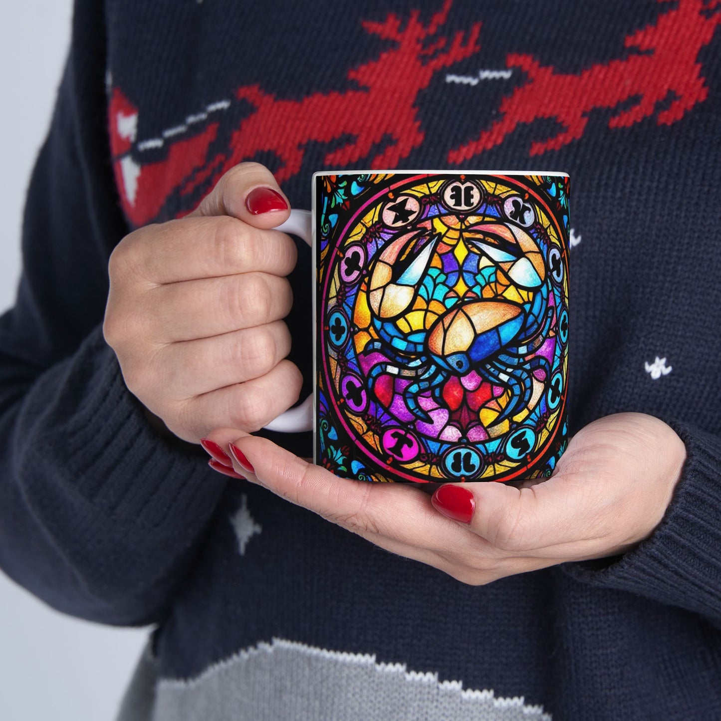 Ceramic Mug, (11oz, 15oz), Ceramic Coffee Mug, AOP, Glass Design v1, Cancer Zodiac
