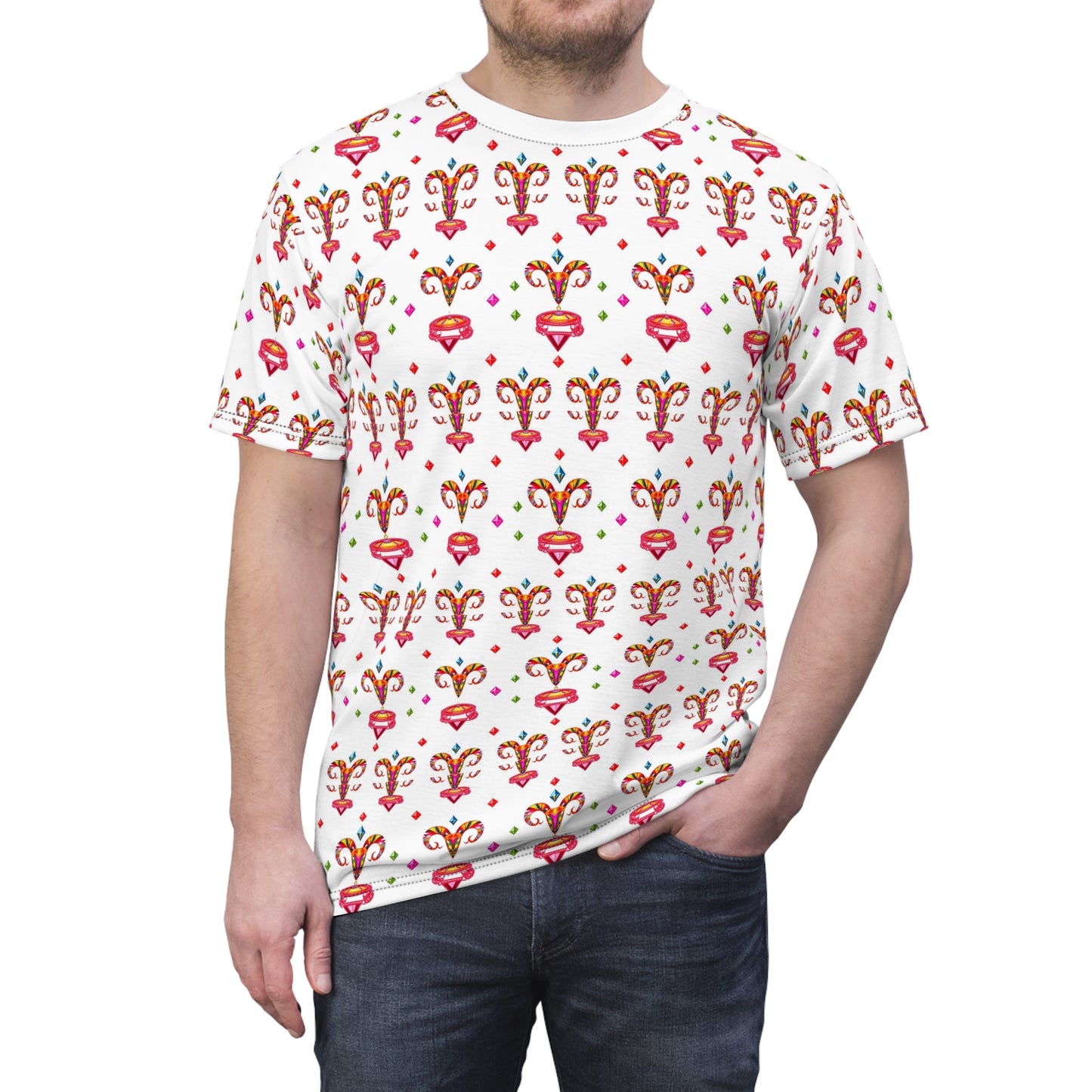 Unisex Cut & Sew T-Shirt, (AOP), Aries, Zodiac v1, Jewels Pattern