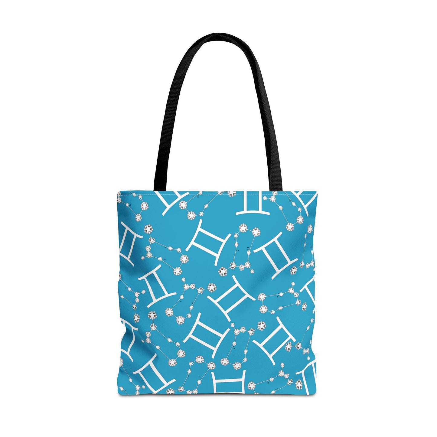 Tote Bag, Gemini Zodiac Sign, AOP, (Turquoise, White Print)