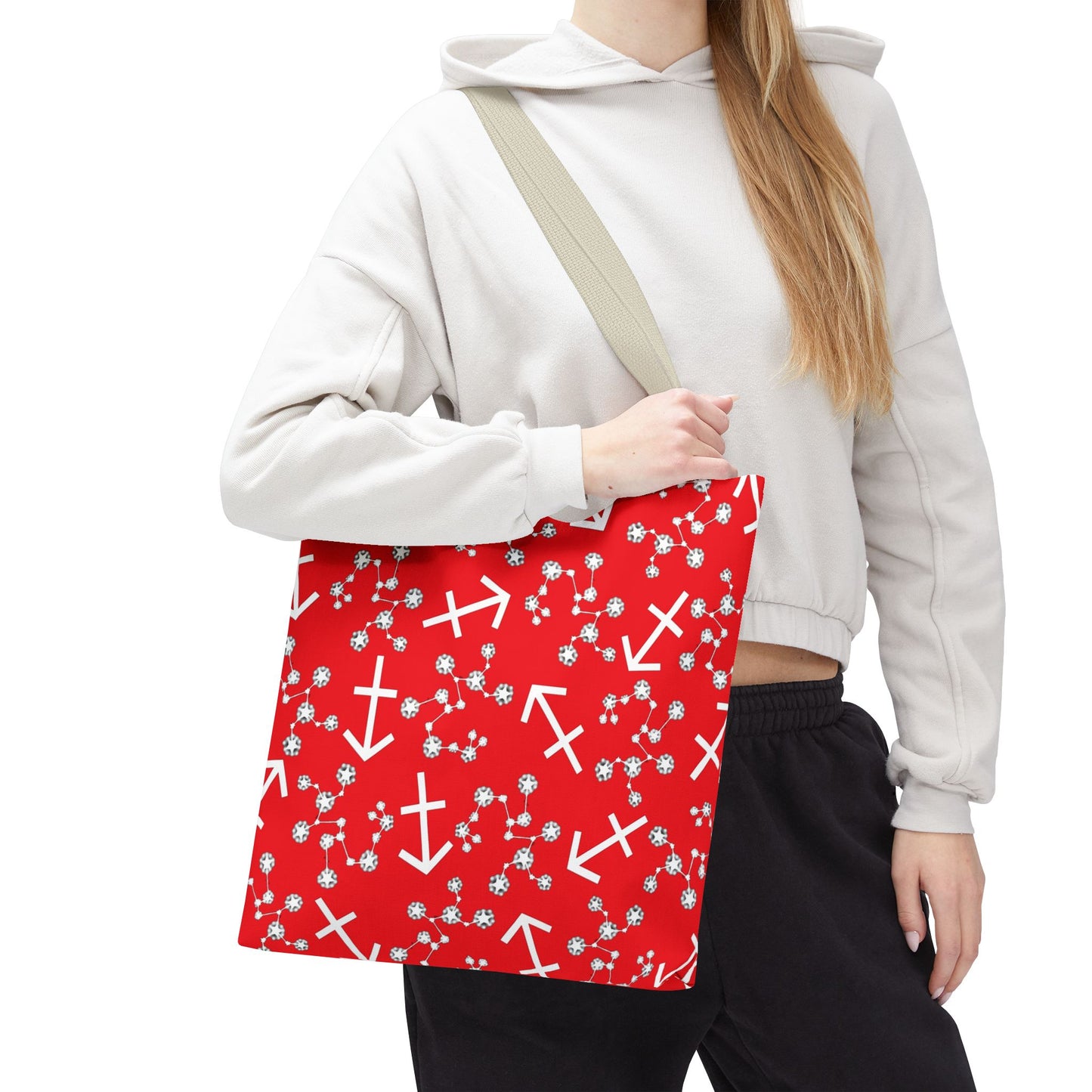Tote Bag, Sagittarius Zodiac Sign, AOP, (Red, White Print)