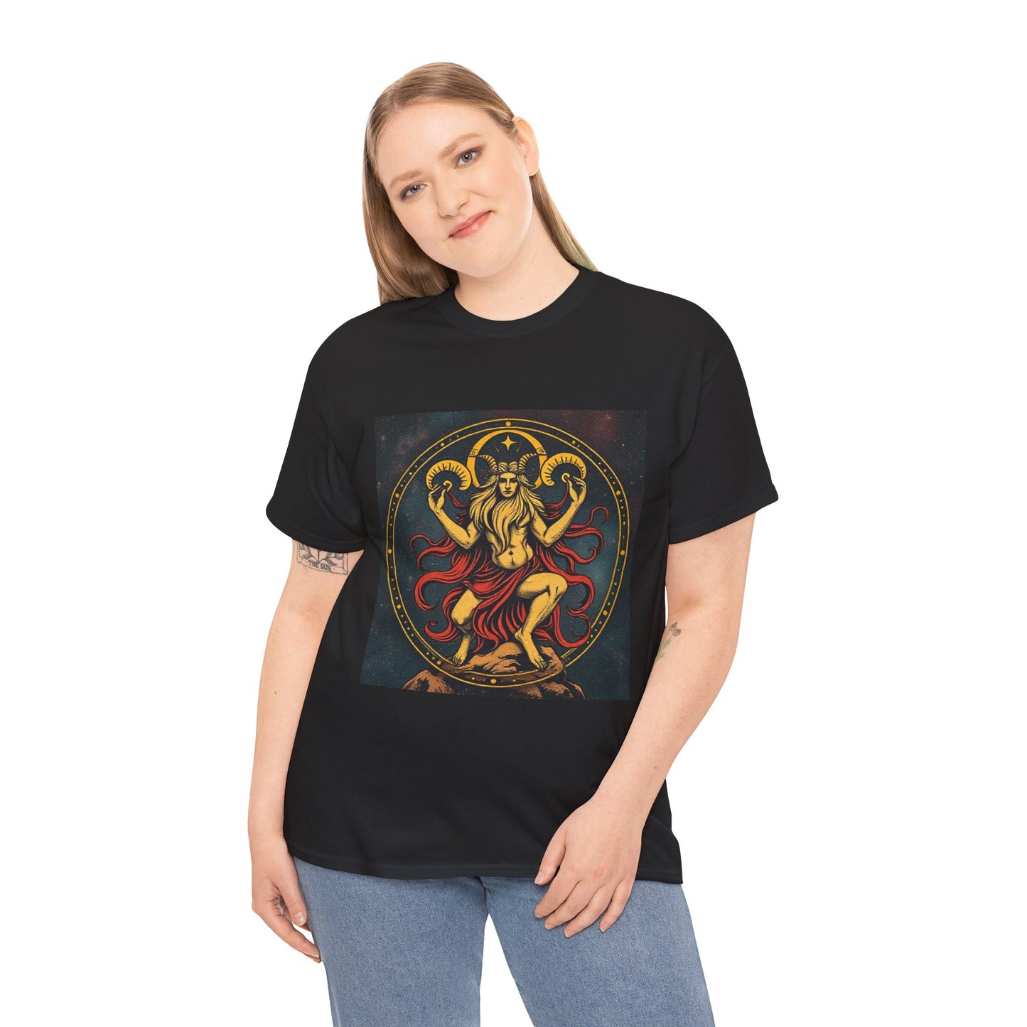 Unisex Heavy Cotton T-Shirt, Aries God 2v, Zodiac Design