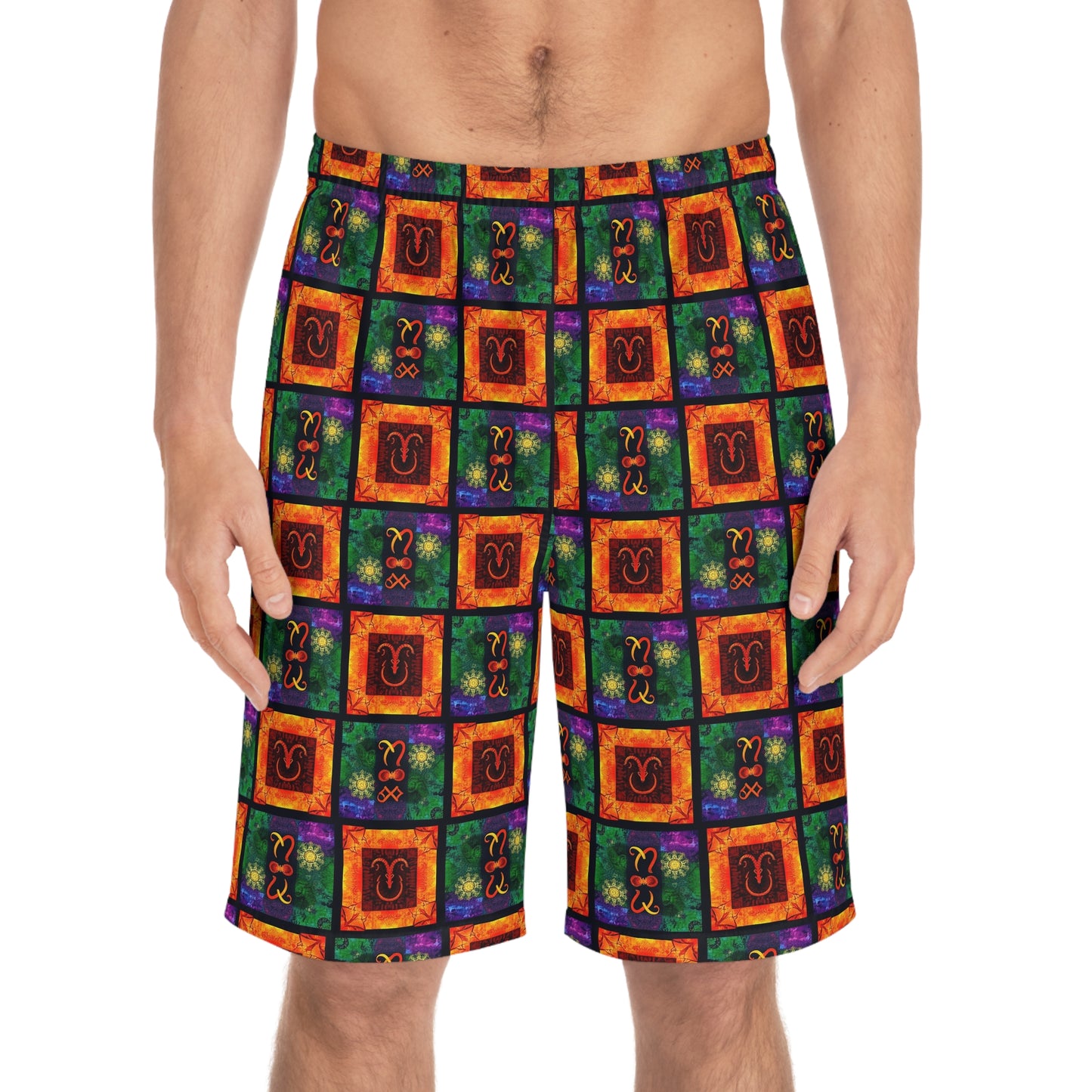 Men's Board Shorts, (AOP), Capricorn, Zodiac v2, Shape Pattern