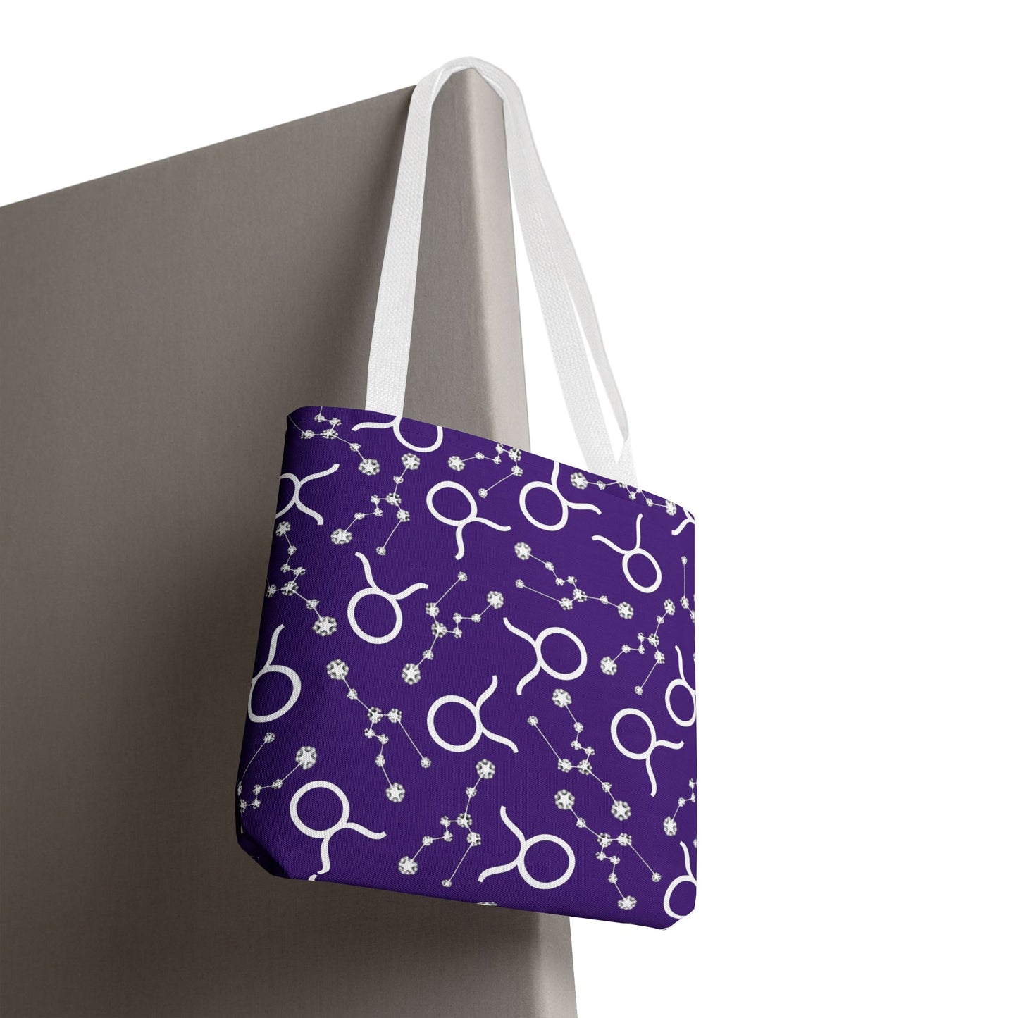 Tote Bag, Taurus Zodiac Sign, AOP, (Purple, White)