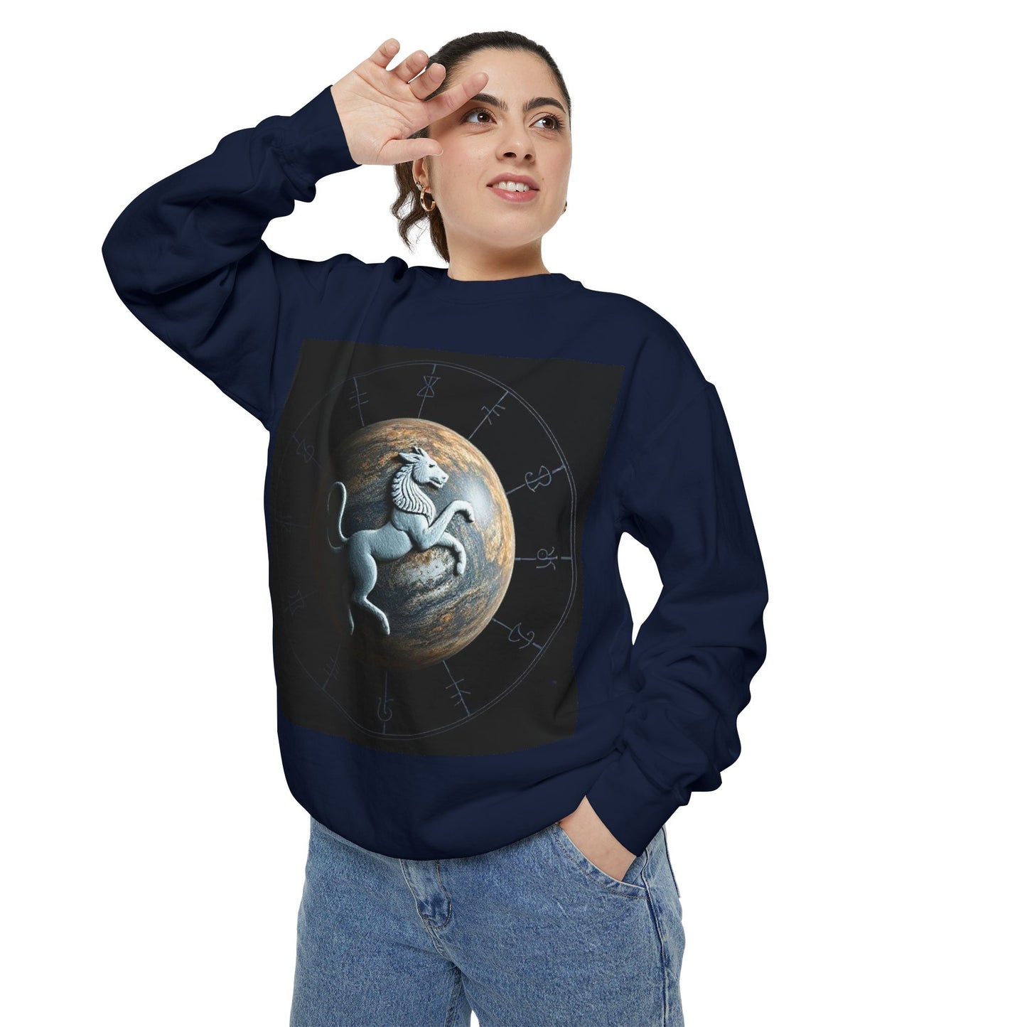 Garment-Dyed Sweatshirt, Unisex, Space Animal Design, Aquarius