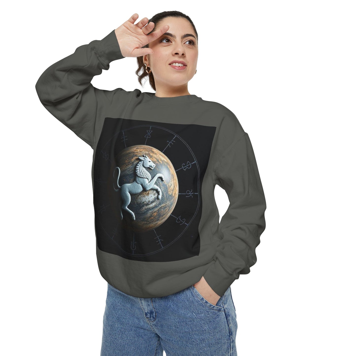 Garment-Dyed Sweatshirt, Unisex, Space Animal Design, Aquarius