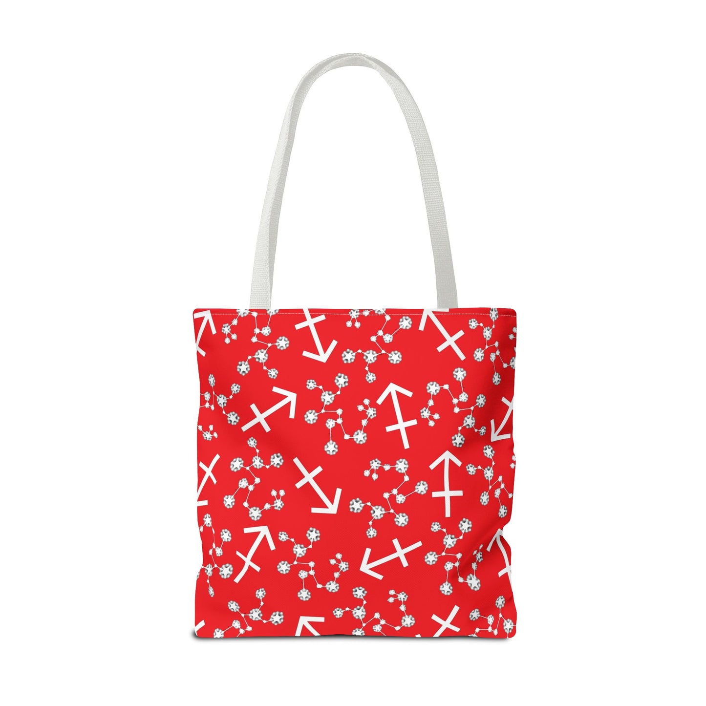 Tote Bag, Sagittarius Zodiac Sign, AOP, (Red, White Print)