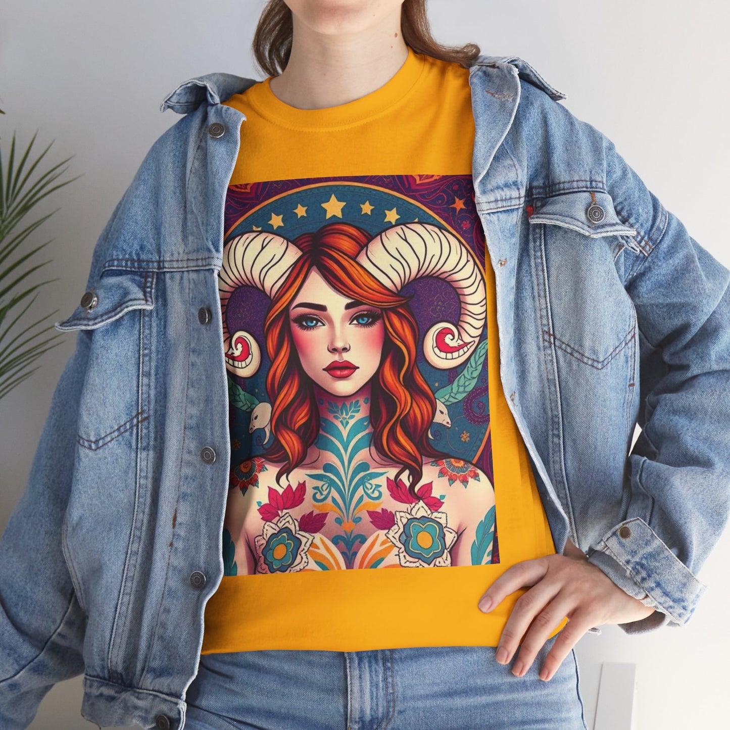 Unisex Heavy Cotton T-Shirt, Aries, Zodiac v1, Sexy Art