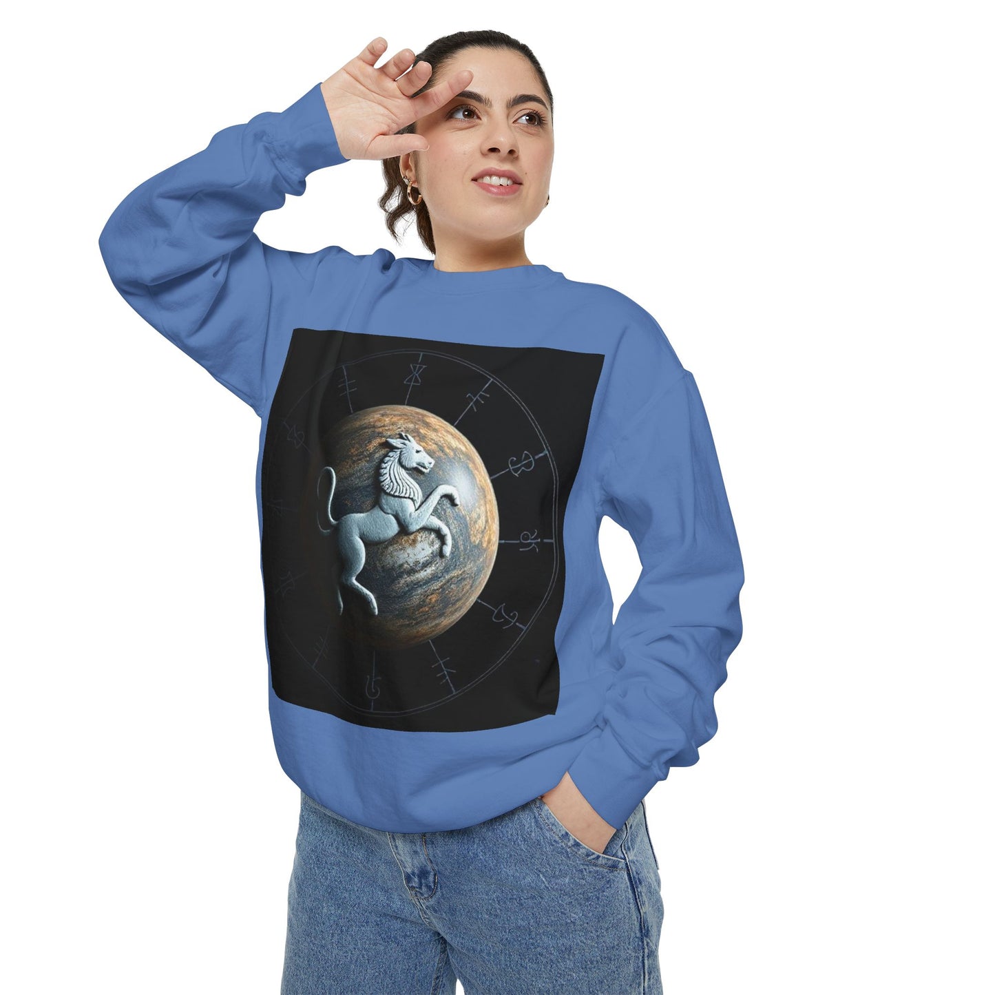Garment-Dyed Sweatshirt, Unisex, Space Animal Design, Aquarius