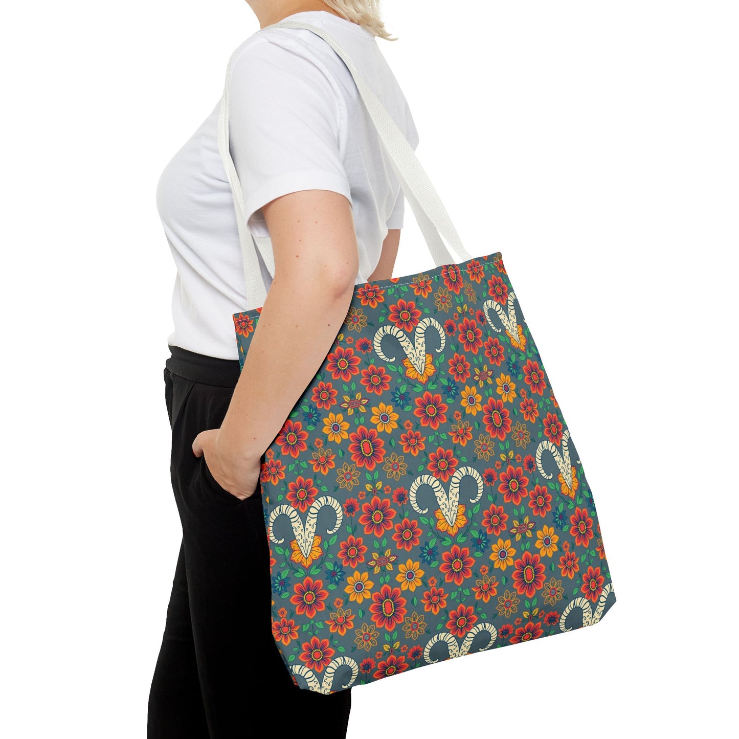 Tote Bag, (AOP), Aries, Zodiac v1, Flower Pattern
