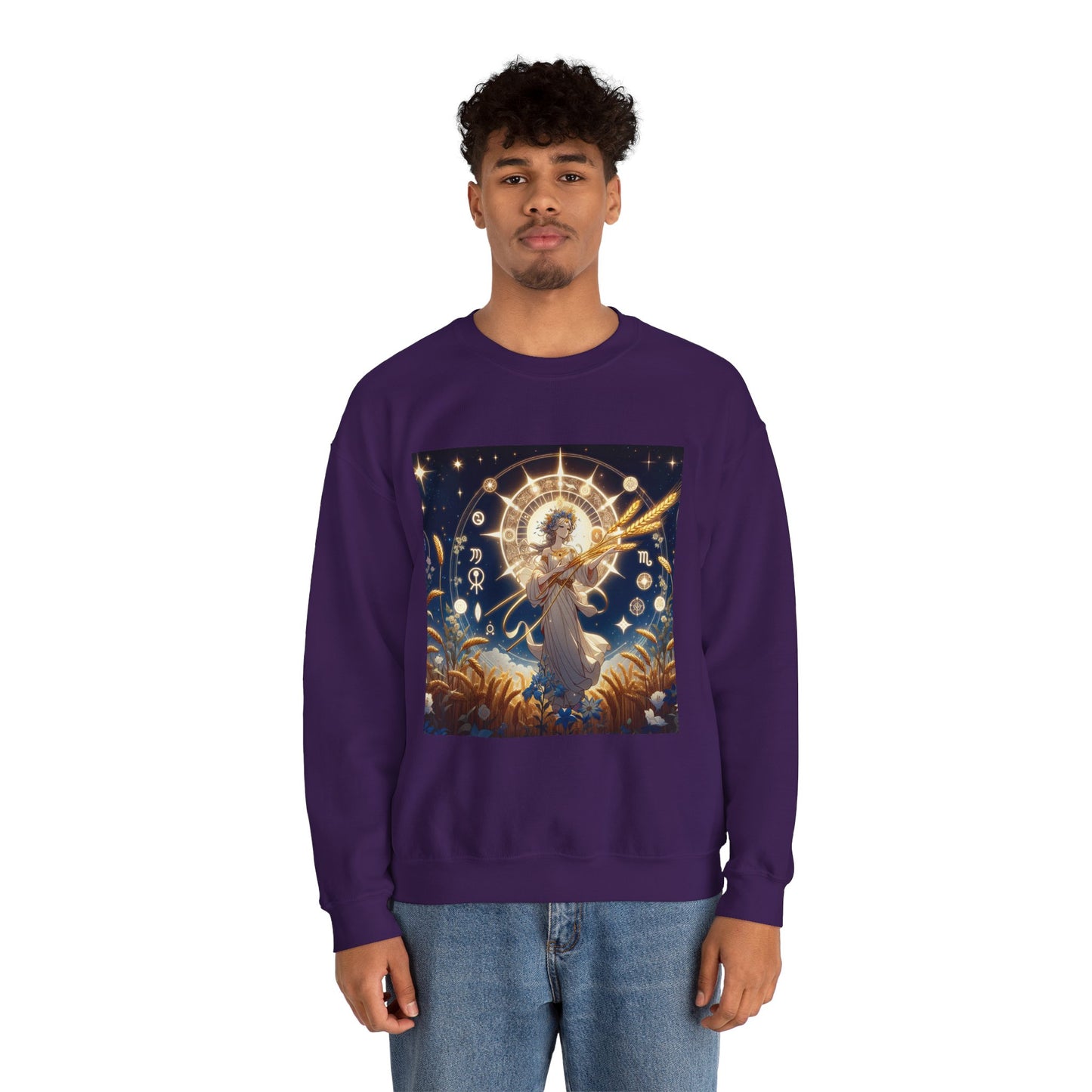 Unisex Heavy Blend™ Crewneck Sweatshirt, anime girl in wheat field, Virgo Zodiac Design
