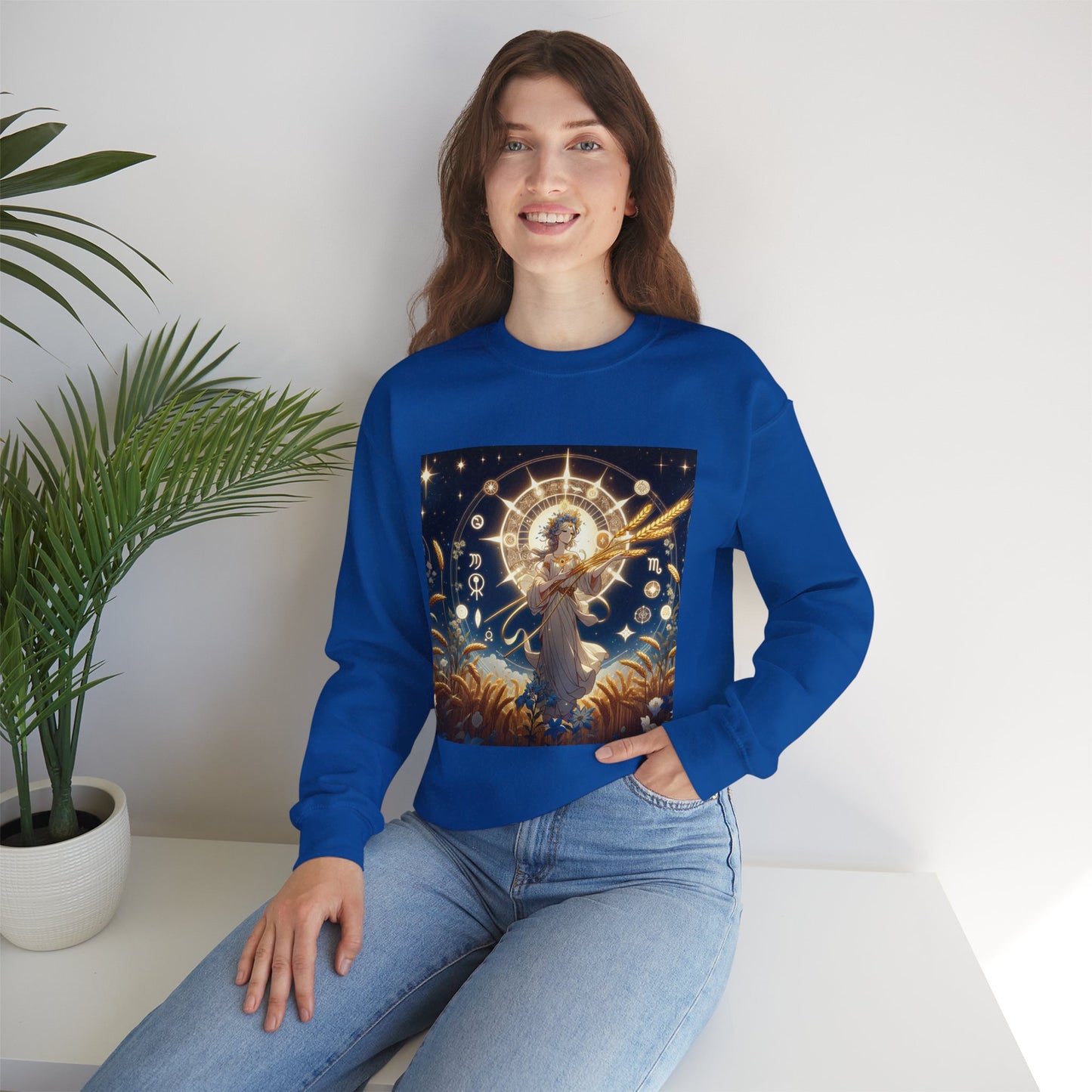 Unisex Heavy Blend™ Crewneck Sweatshirt, anime girl in wheat field, Virgo Zodiac Design
