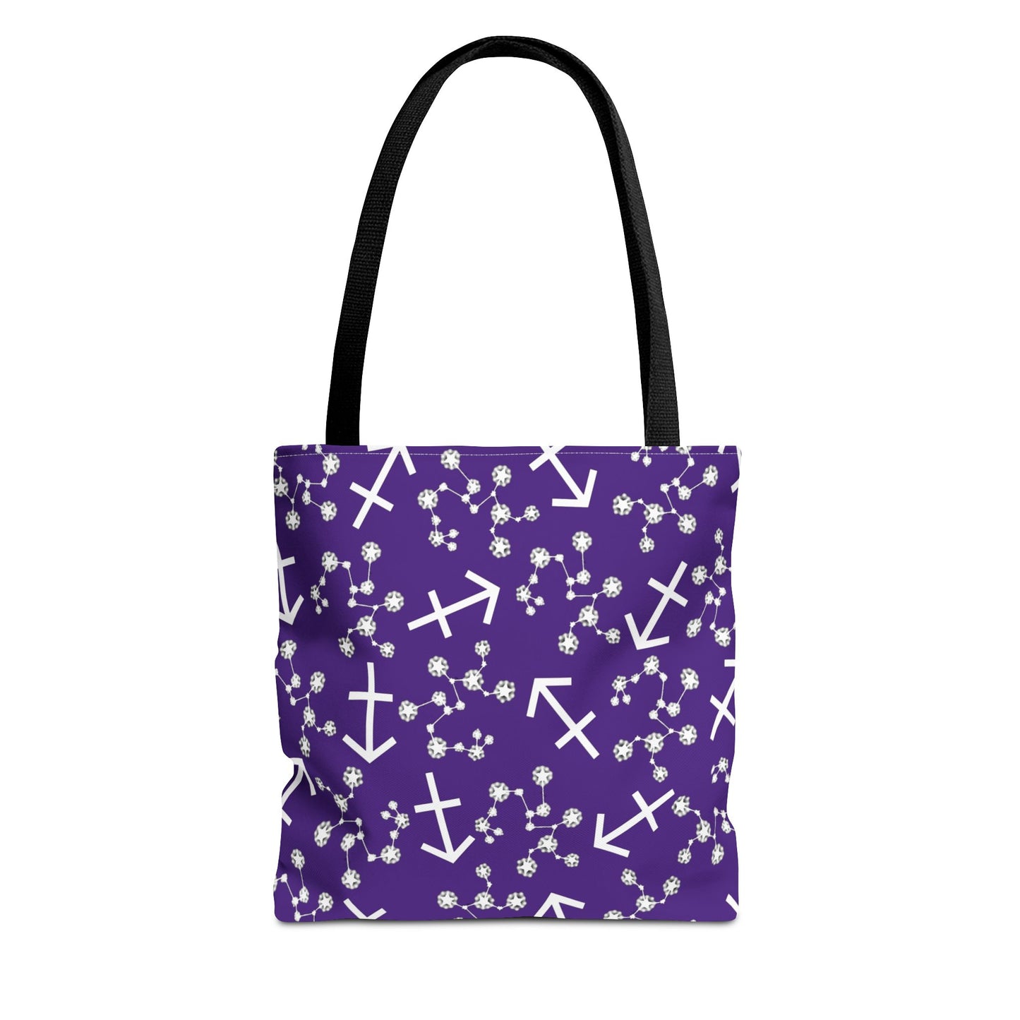 Tote Bag, Sagittarius Zodiac Sign, AOP, (Purple, White Print)
