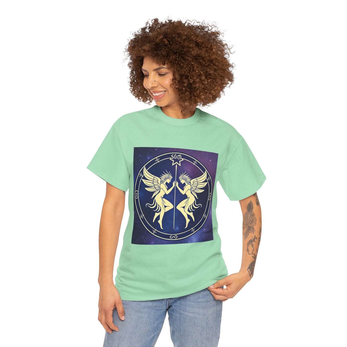 Unisex Heavy Cotton T-Shirt, Space Angel Twins, Gemini Zodiac Design
