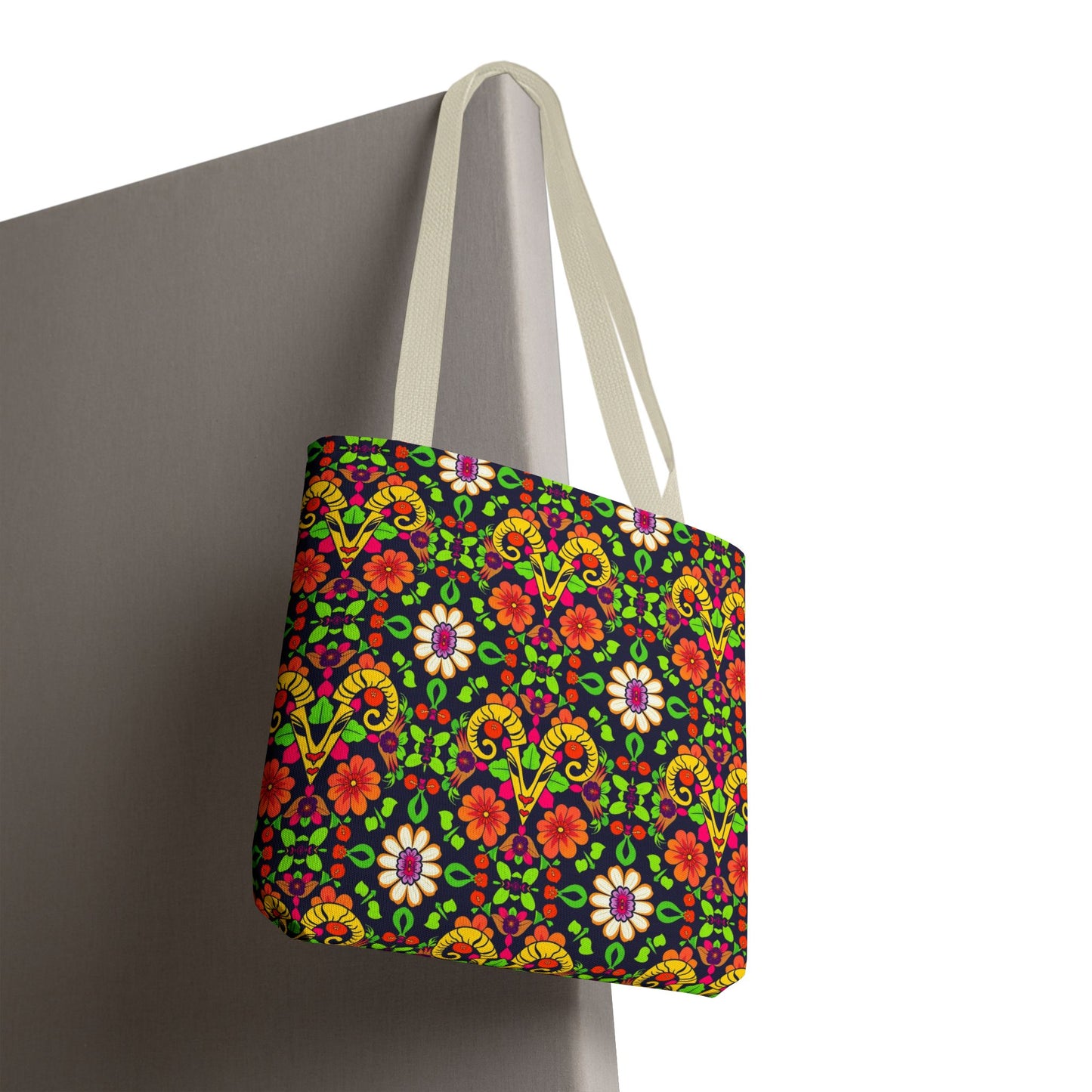 Tote Bag, (AOP), Aries, Zodiac, Flower Pattern