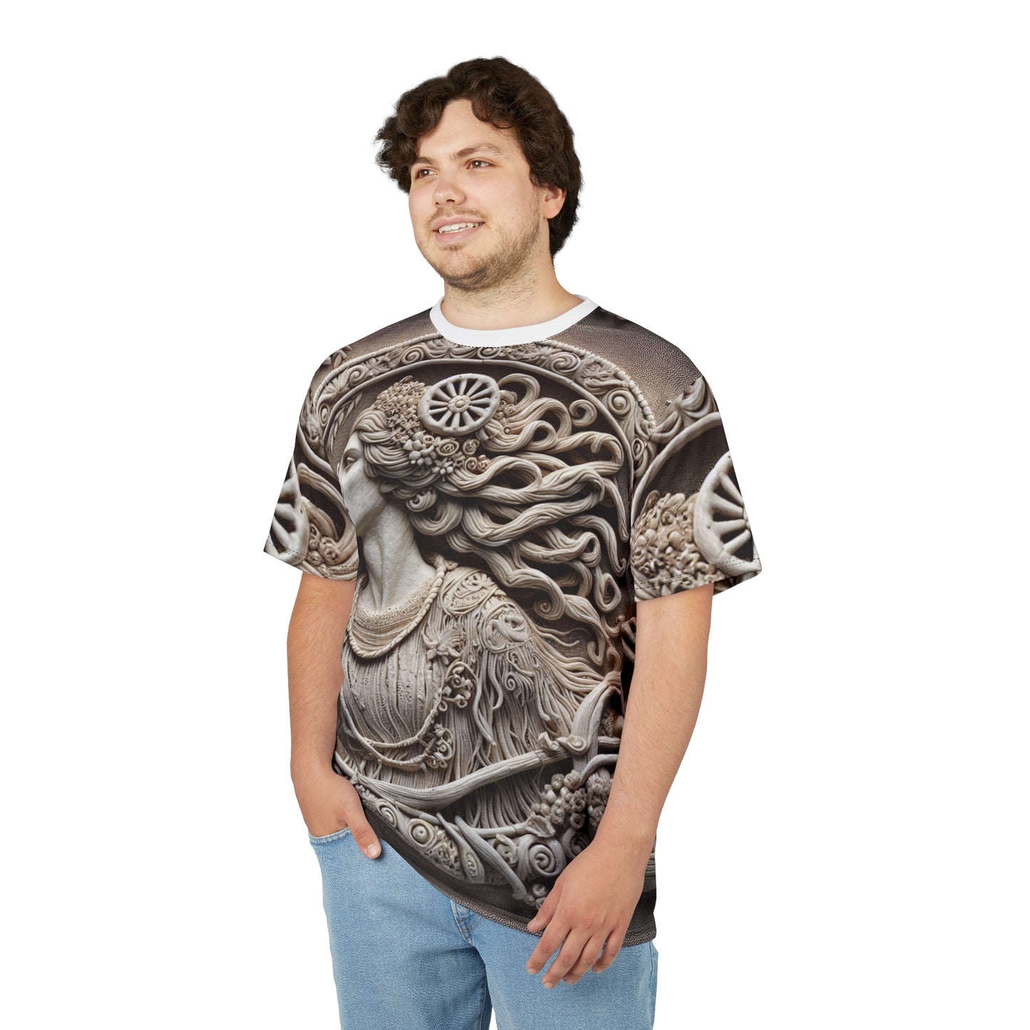 Unisex Cut & Sew T-Shirt (AOP), Lady Stone Carving, Virgo Zodiac Design, Regular fit, 100% Polyester