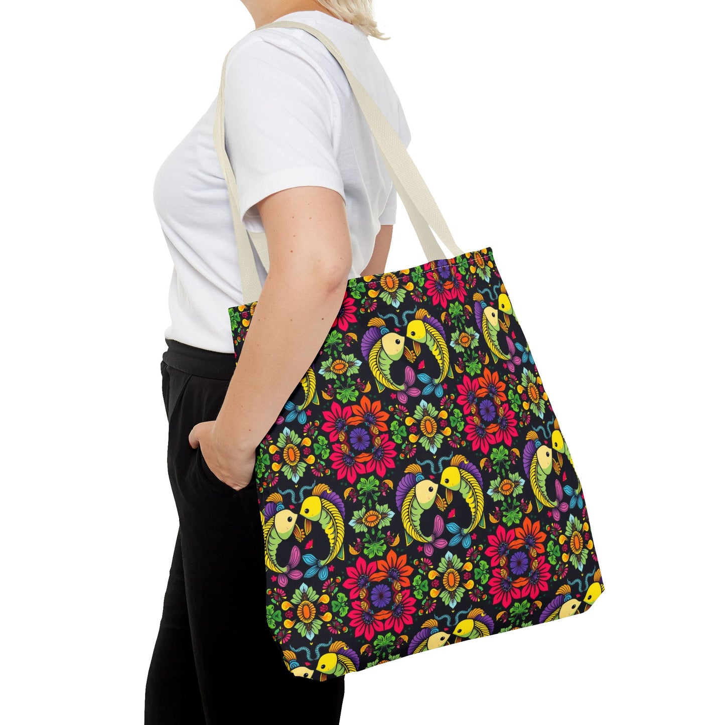 Tote Bag, (AOP), Pisces, Zodiac, Flower Pattern