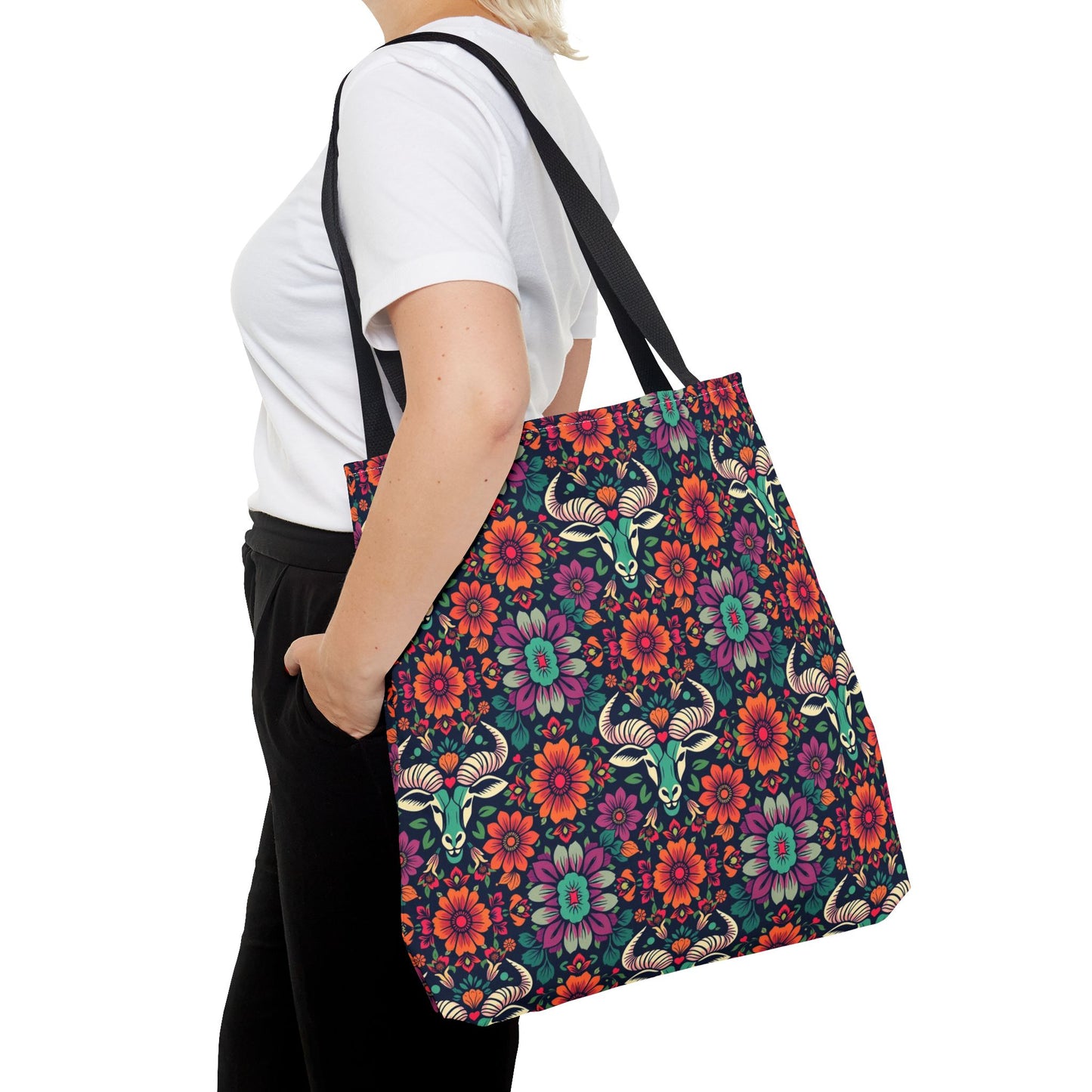 Tote Bag, (AOP), Taurus, Zodiac, Flower Pattern