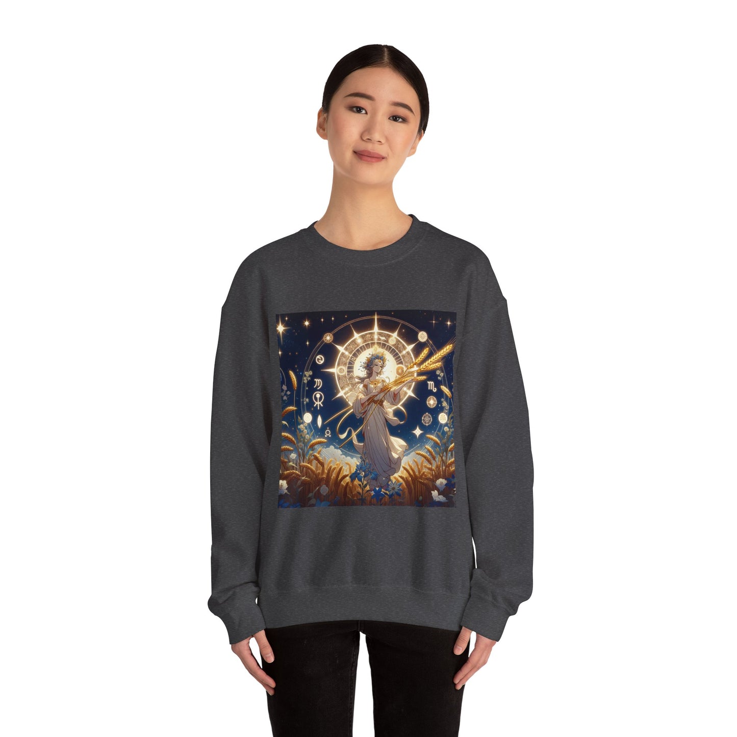 Unisex Heavy Blend™ Crewneck Sweatshirt, anime girl in wheat field, Virgo Zodiac Design