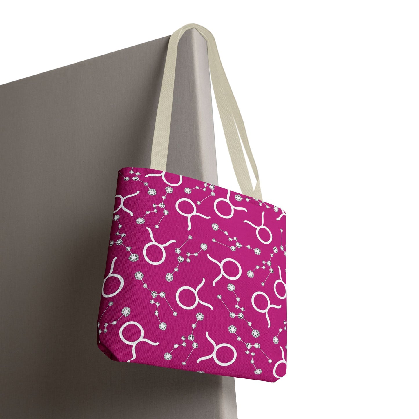 Tote Bag, Taurus Zodiac Sign, AOP, (Pink, White)