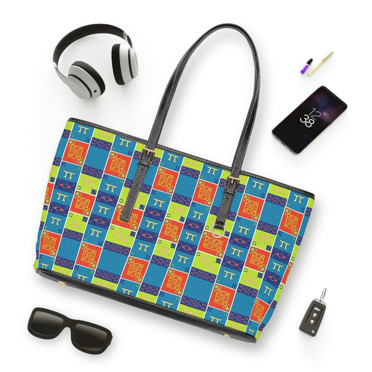 Leather Shoulder Bag, Gemini, Zodiac v1, Shapes Pattern