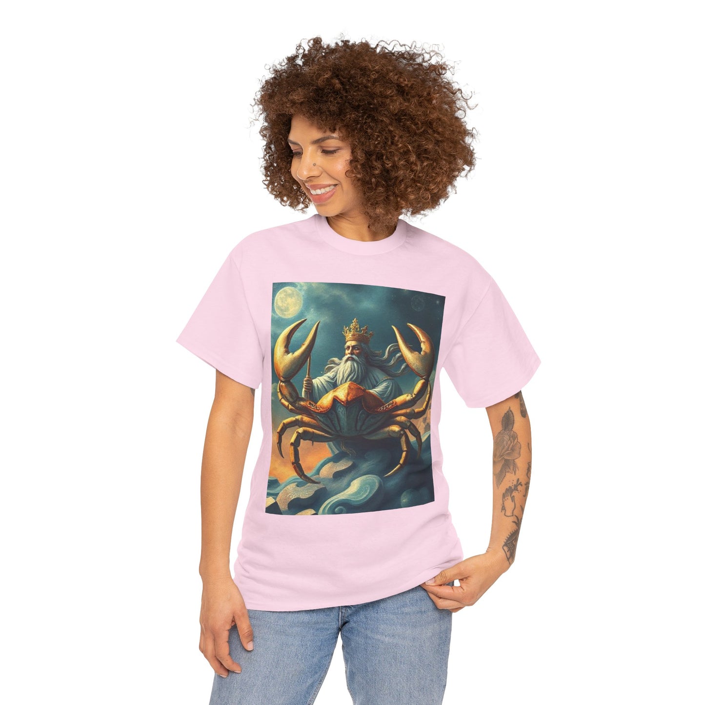 Unisex Heavy Cotton T-Shirt, Crustacean King v1, Cancer Zodiac Design
