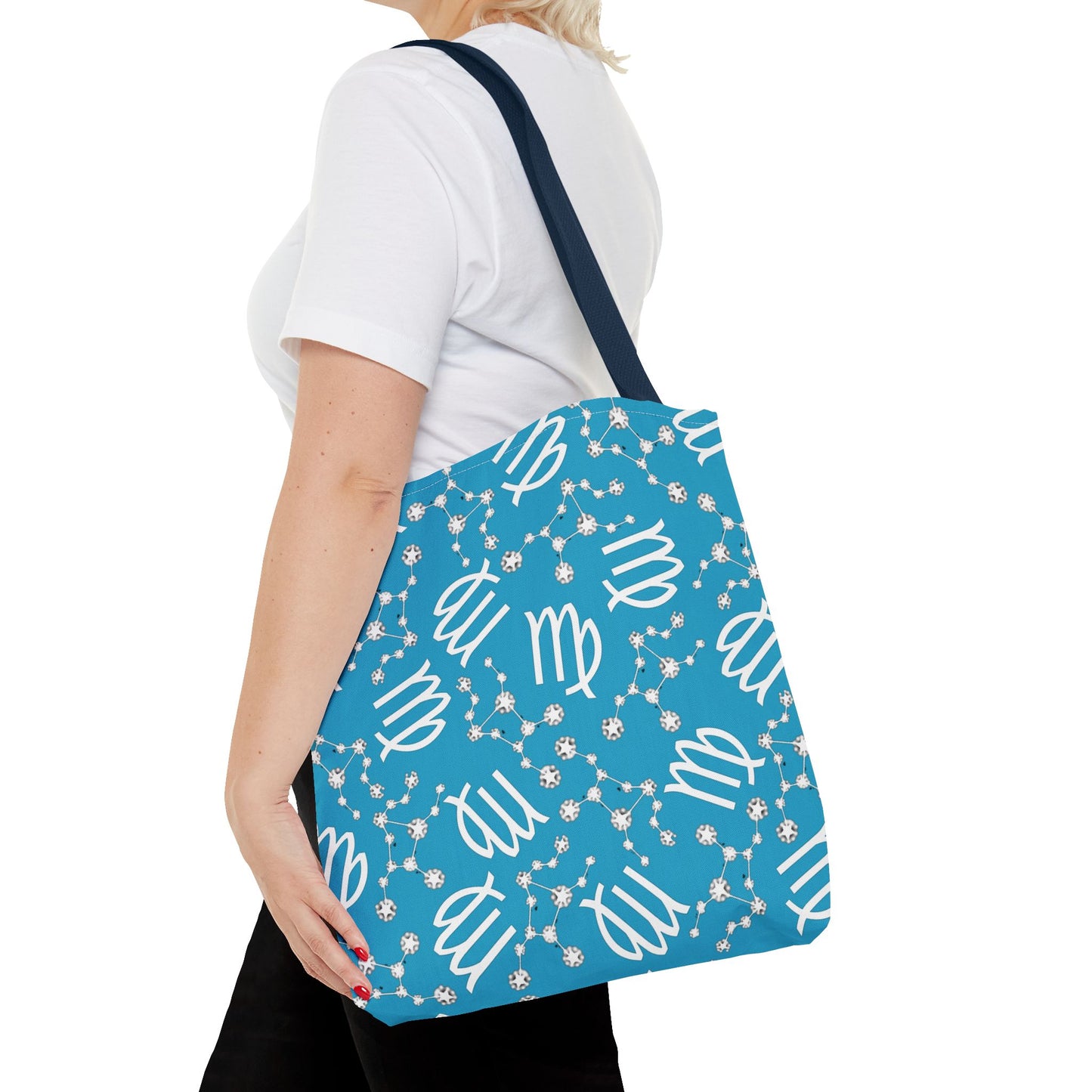 Tote Bag, Virgo Zodiac Sign, AOP, (Turquoise, White)