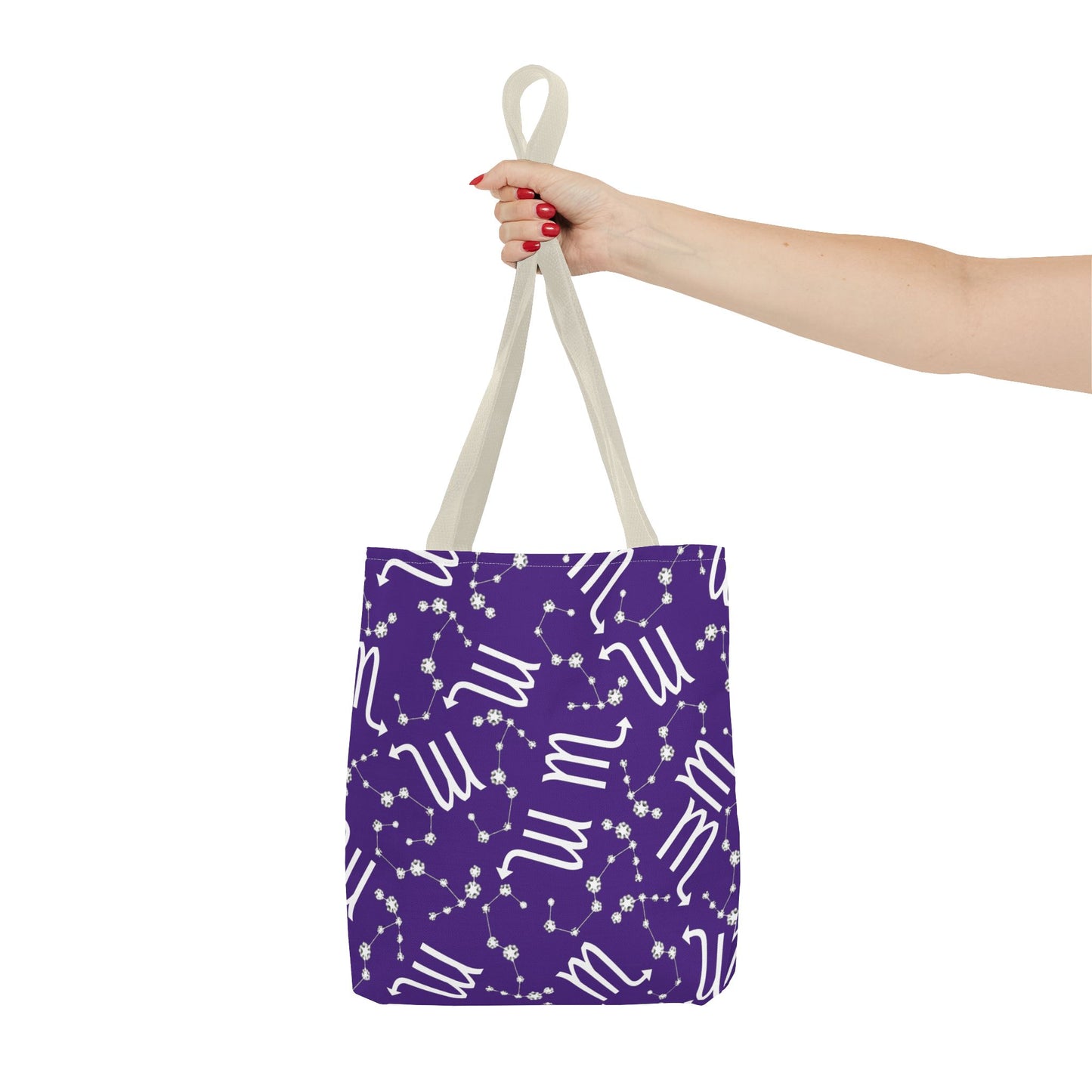 Tote Bag, Scorpio Zodiac Sign, AOP, (Purple, White)