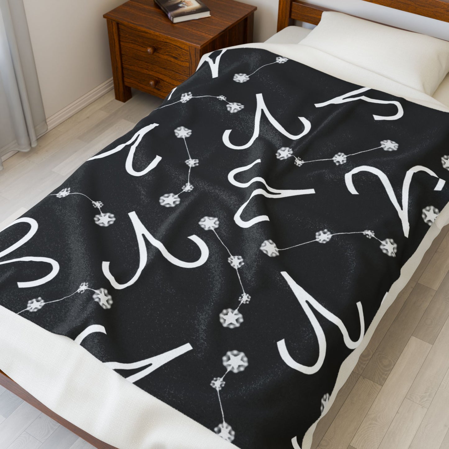 Velveteen Plush Blanket, Aries Zodiac Sign, Constellation & Symbol, Black, 100% polyester