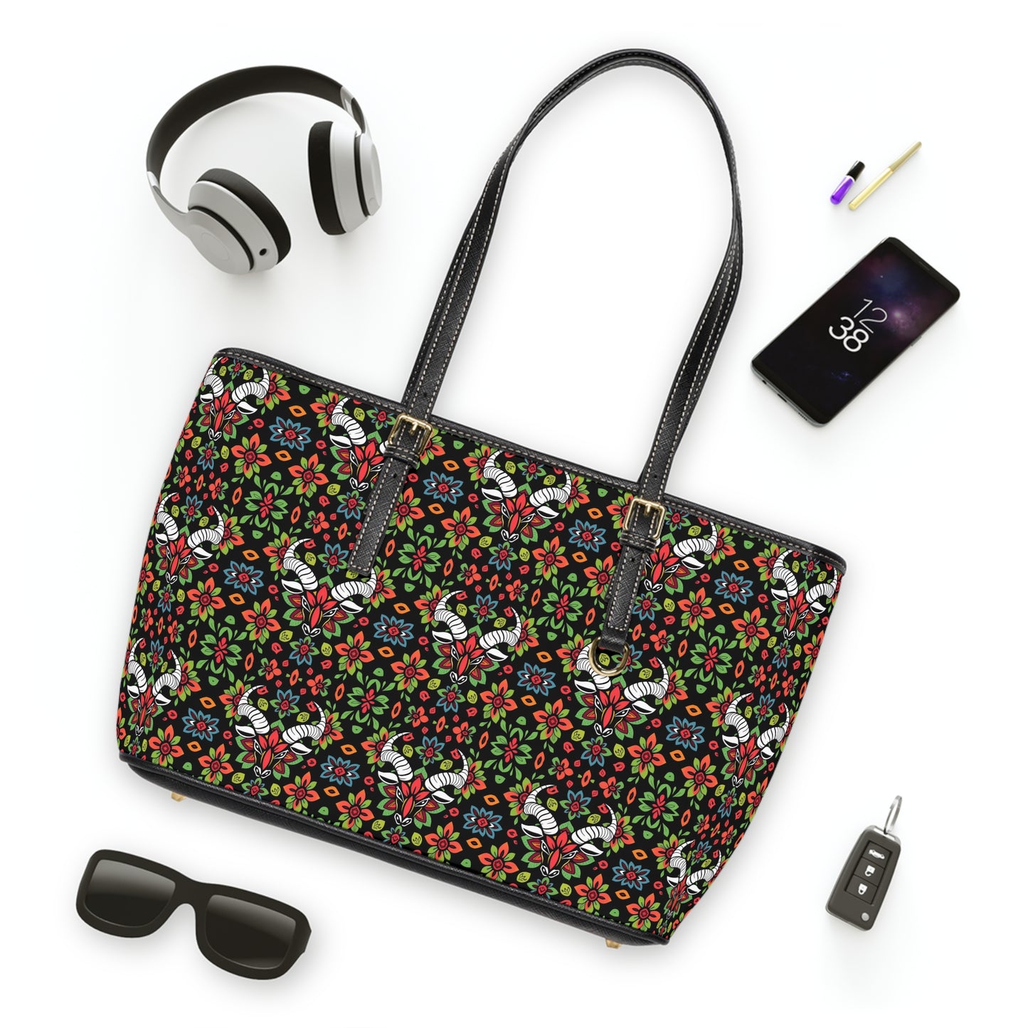 Leather Shoulder Bag, Taurus, Zodiac v1, Flower Pattern