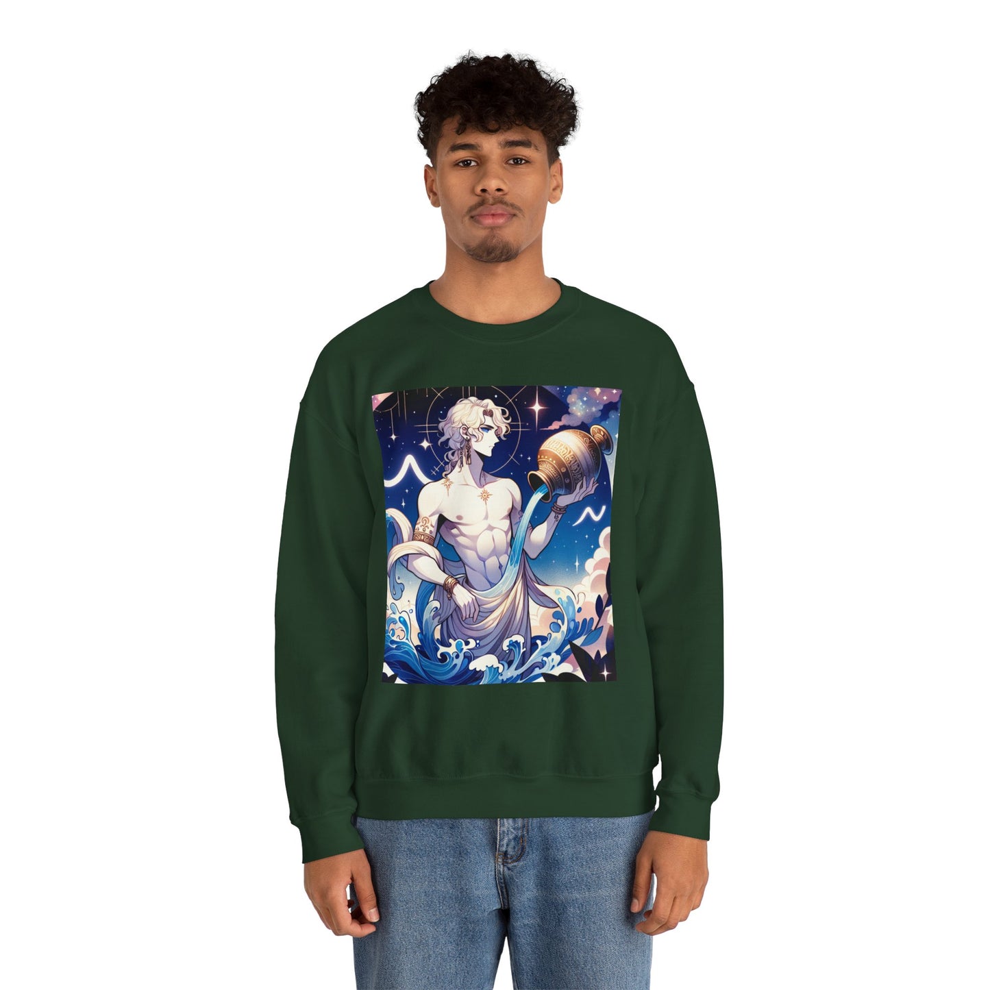 Unisex Heavy Blend™ Crewneck Sweatshirt, Anime Aqua God, Aquarius Zodiac Design