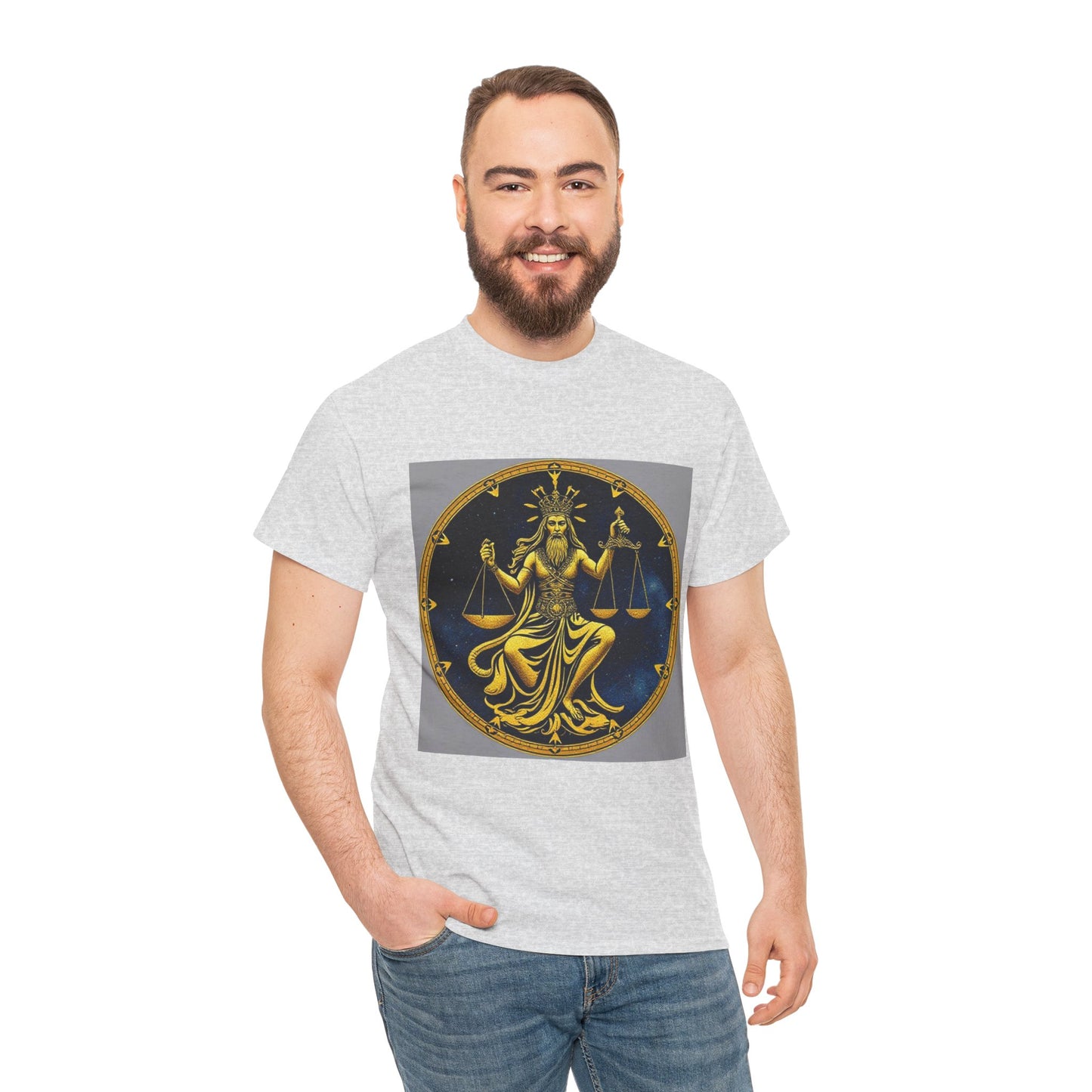 Unisex Heavy Cotton T-Shirt, Gold v1, Libra God, Zodiac Design