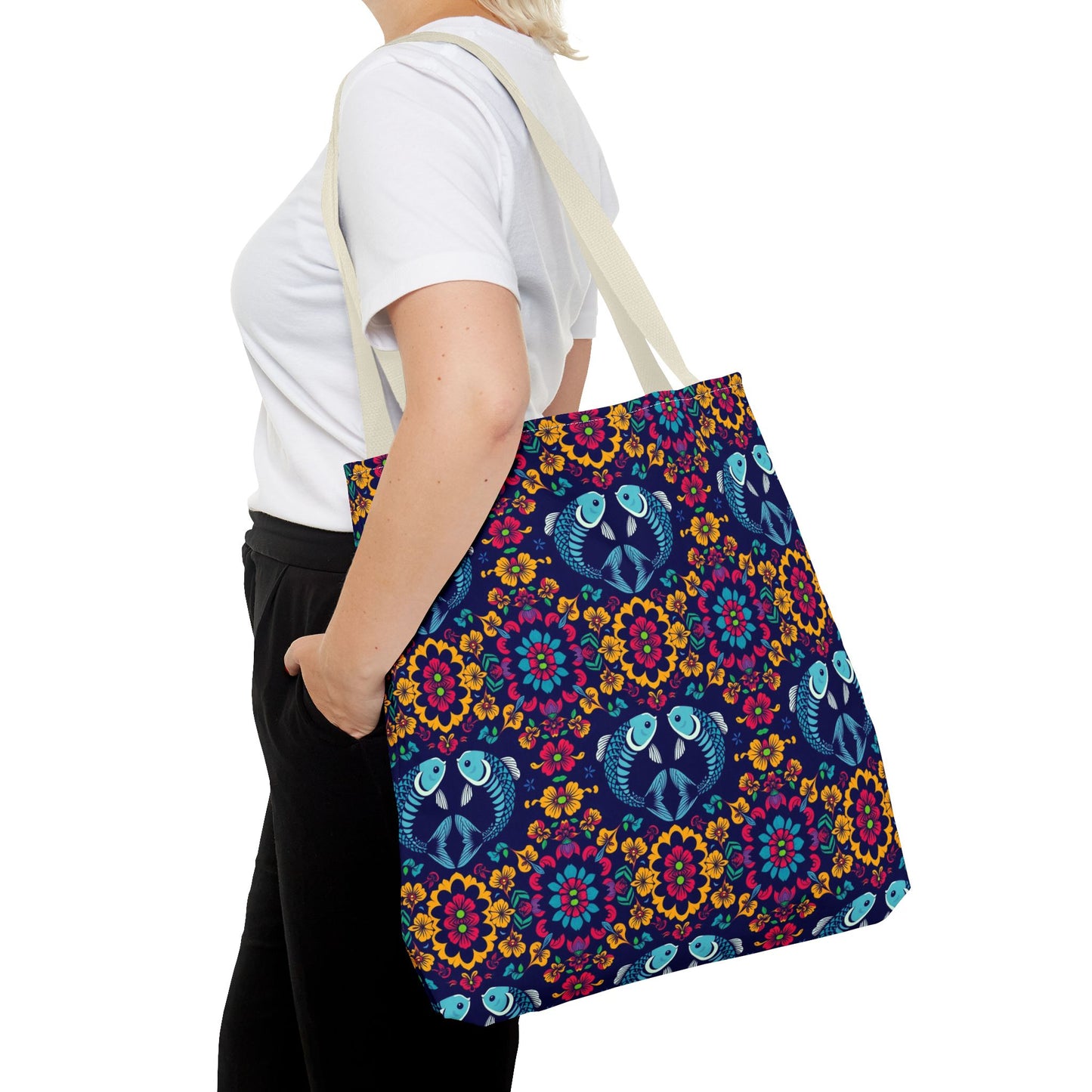 Tote Bag, (AOP), Pisces, Zodiac v3, Flower Pattern