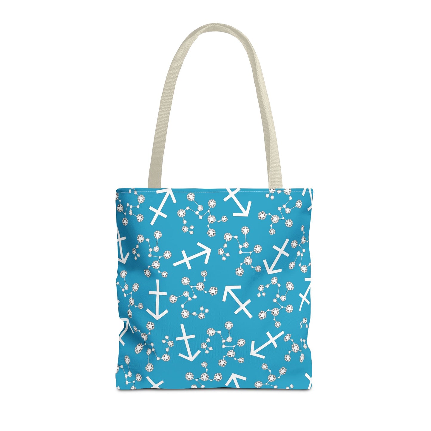Tote Bag, Sagittarius Zodiac Sign, AOP, (Turquoise, White Print)