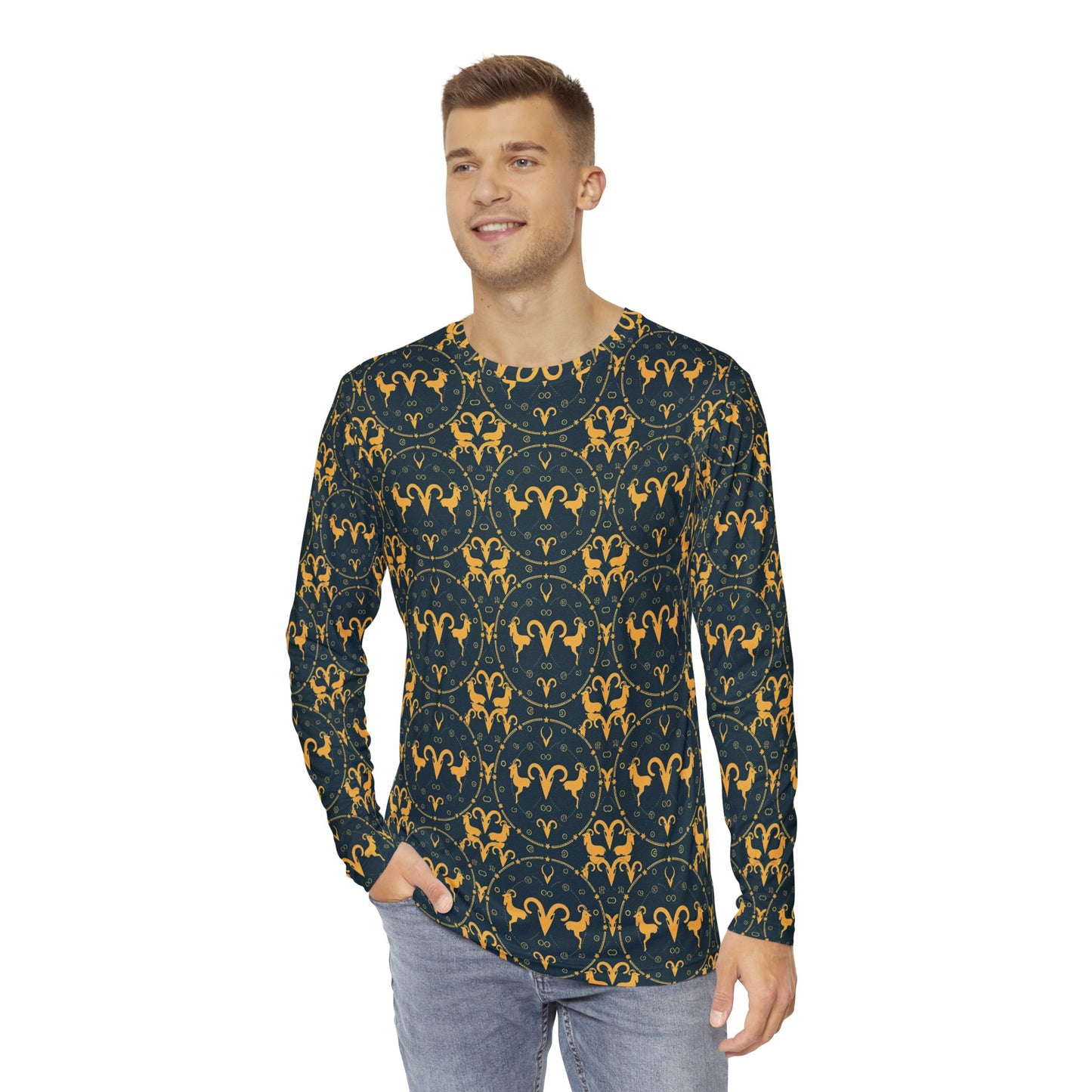 Men's Long Sleeve Shirt, (AOP), Aries, Zodiac v4, Pattern