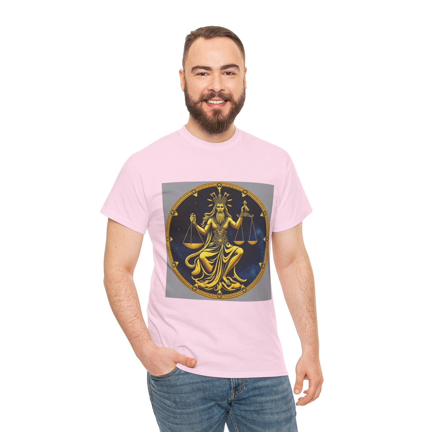 Unisex Heavy Cotton T-Shirt, Gold v1, Libra God, Zodiac Design