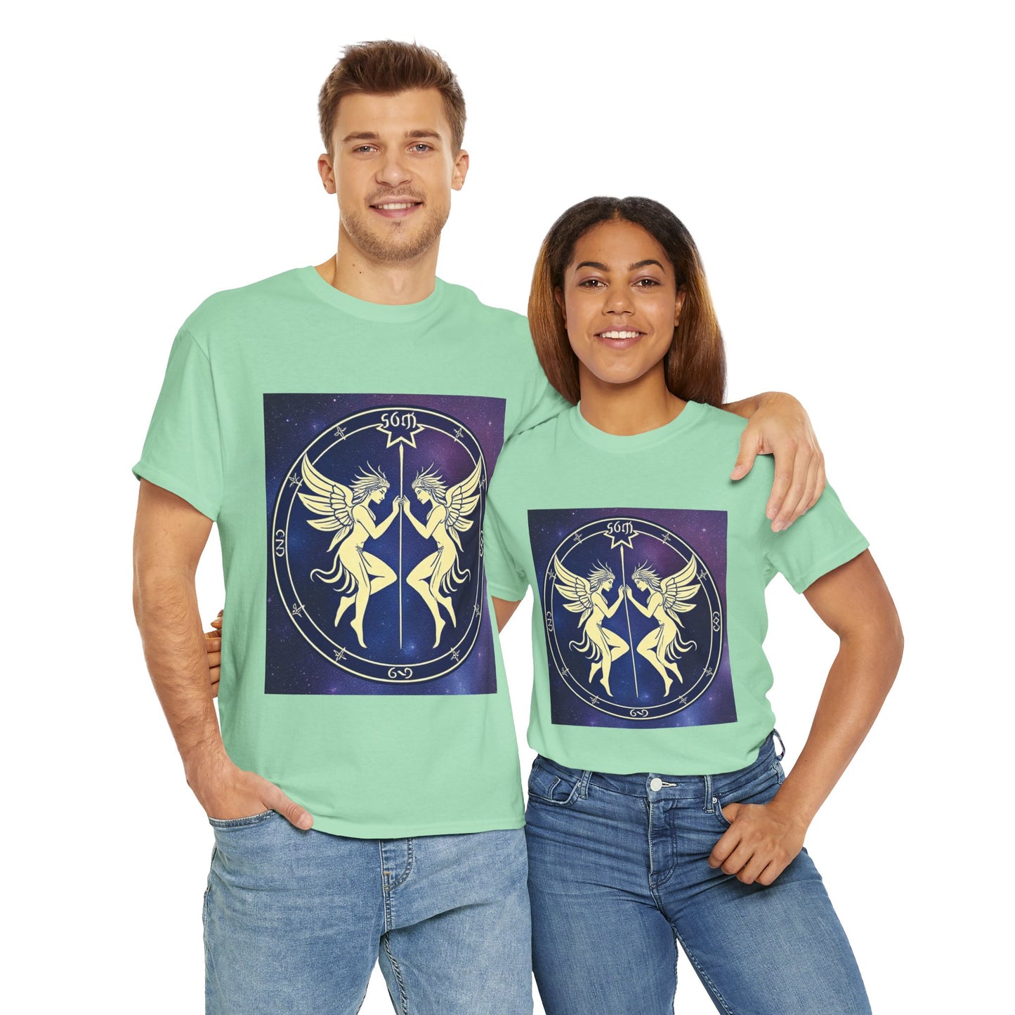 Unisex Heavy Cotton T-Shirt, Space Angel Twins, Gemini Zodiac Design