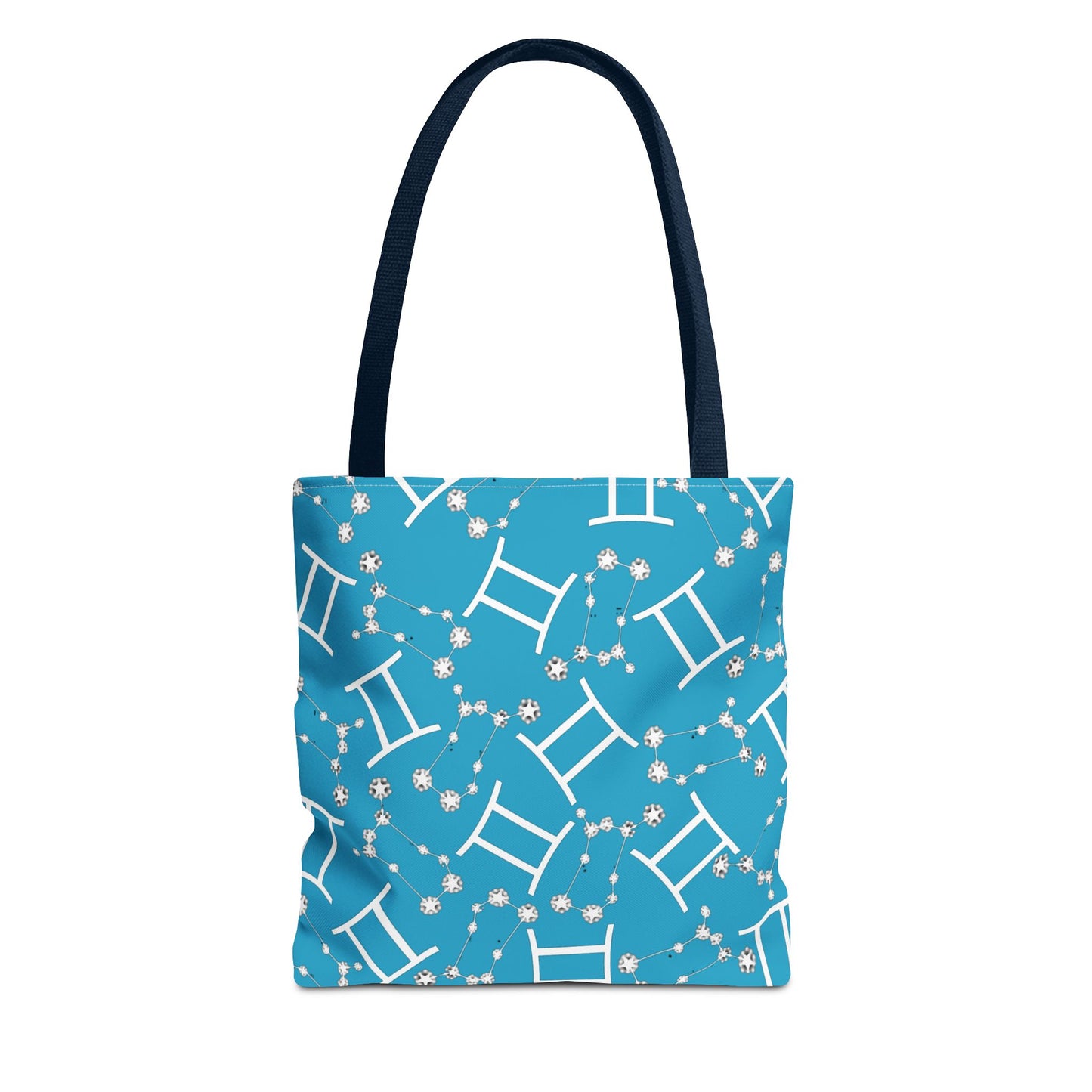 Tote Bag, Gemini Zodiac Sign, AOP, (Turquoise, White Print)