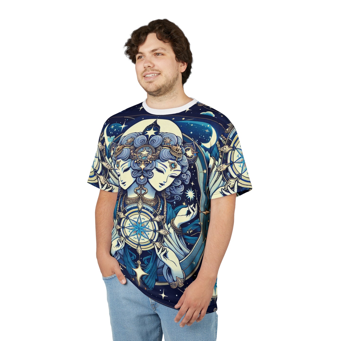 Unisex Cut & Sew T-Shirt (AOP), Twin Heads, Gemini Zodiac Design, Regular fit, 100% Polyester