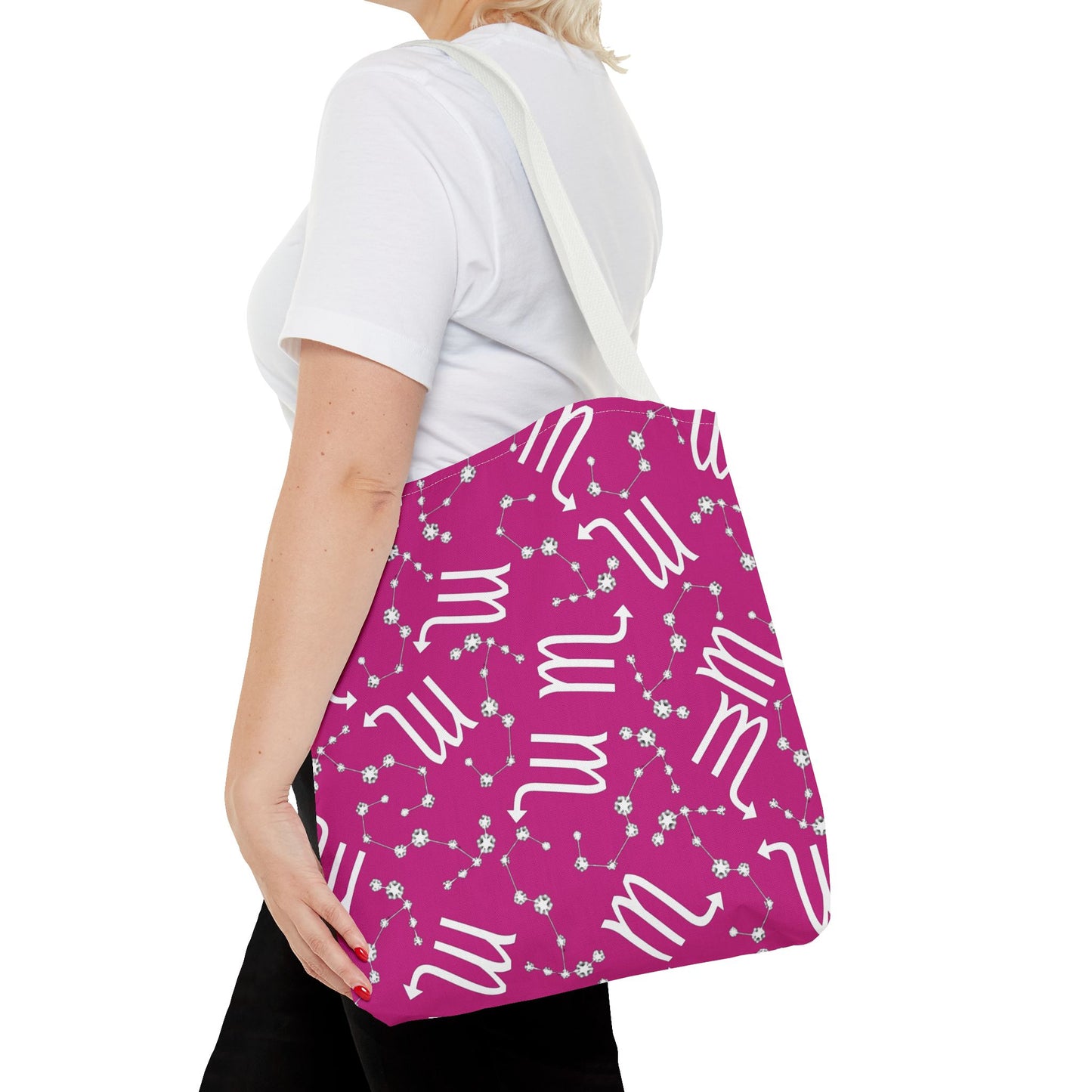 Tote Bag, Scorpio Zodiac Sign, AOP, (Pink, White)