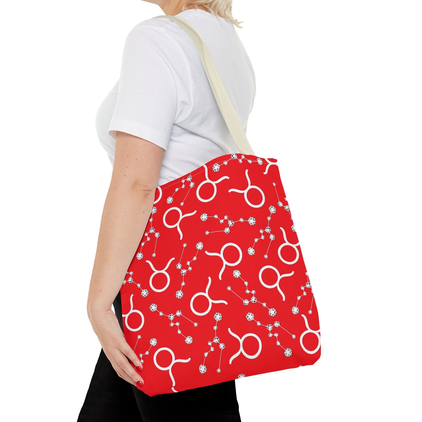 Tote Bag, Taurus Zodiac Sign, AOP, (Red, White)