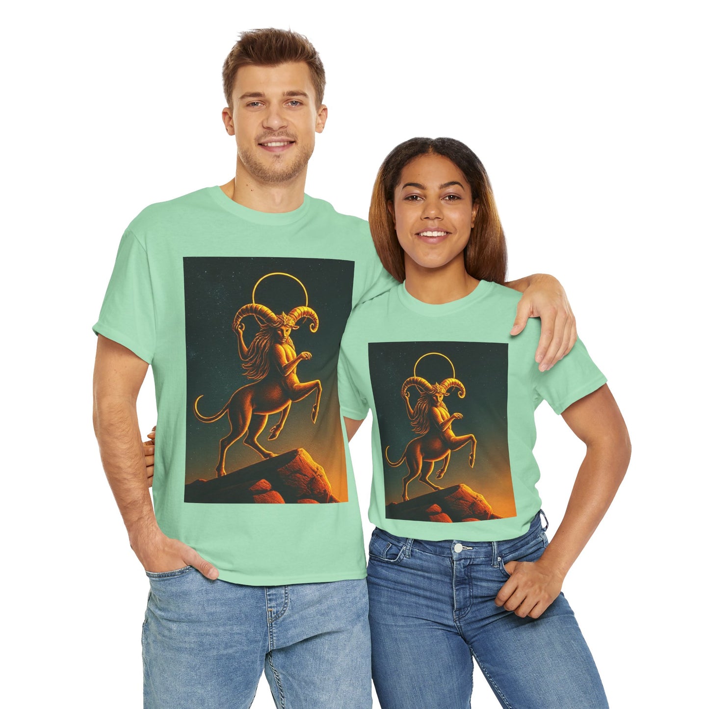 Unisex Heavy Cotton T-Shirt, Mountain Top, Aries Zodiac Design