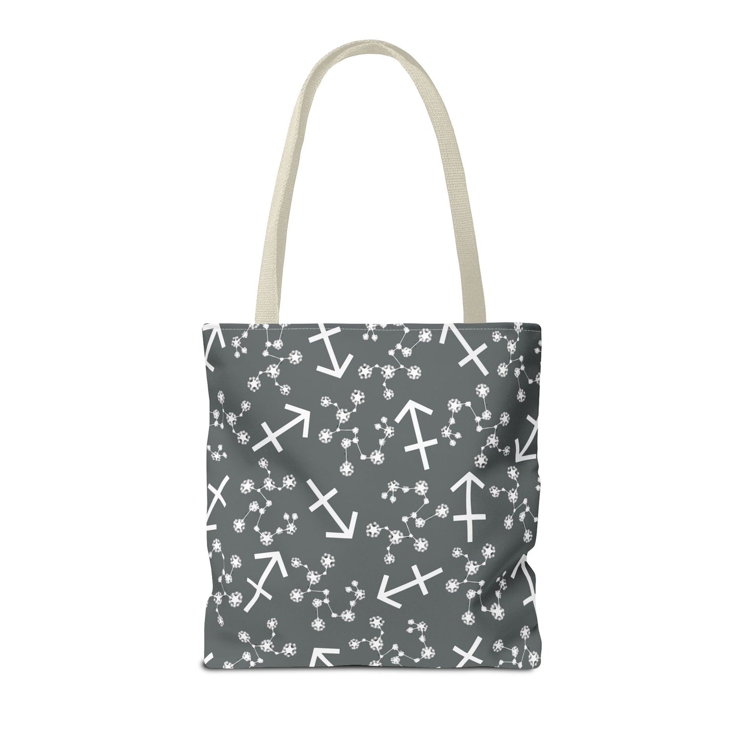 Tote Bag, Sagittarius Zodiac Sign, AOP, (Grey, White Print)