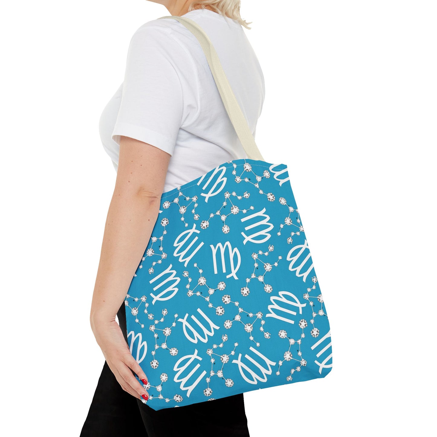 Tote Bag, Virgo Zodiac Sign, AOP, (Turquoise, White)
