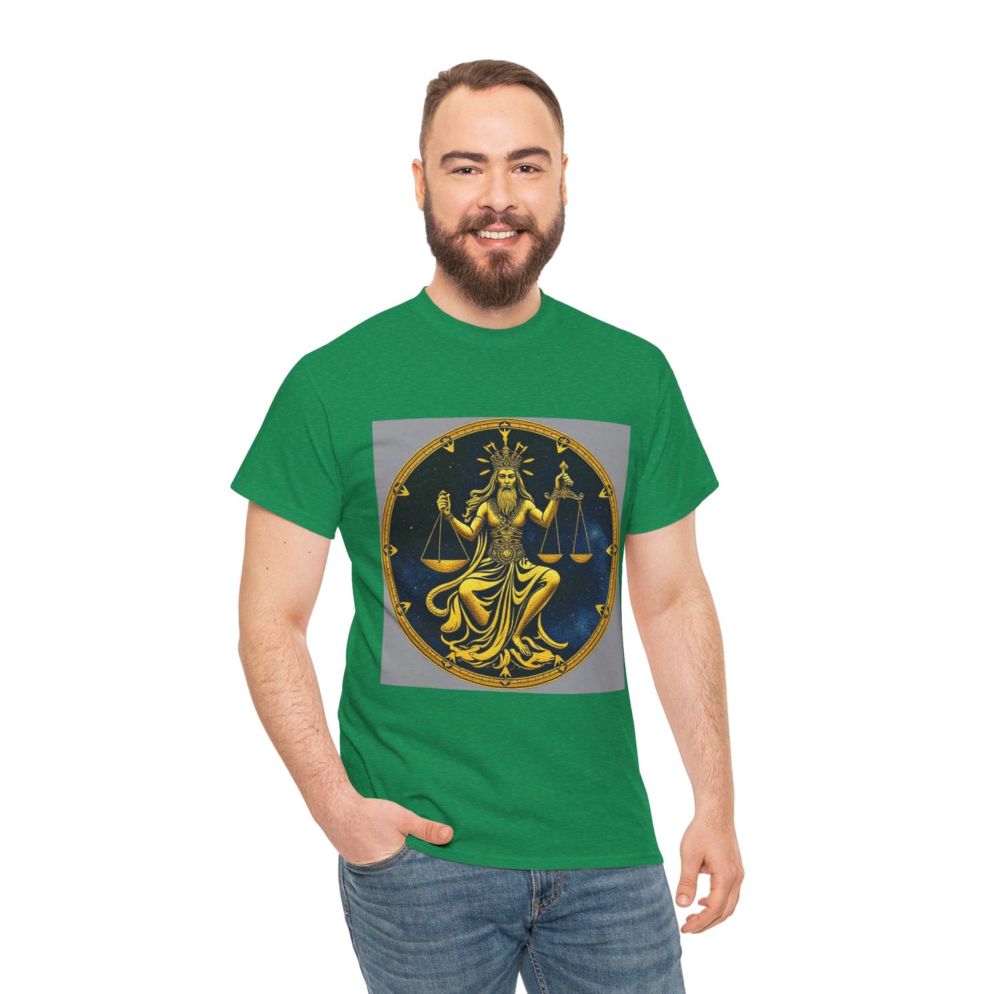 Unisex Heavy Cotton T-Shirt, Gold v1, Libra God, Zodiac Design