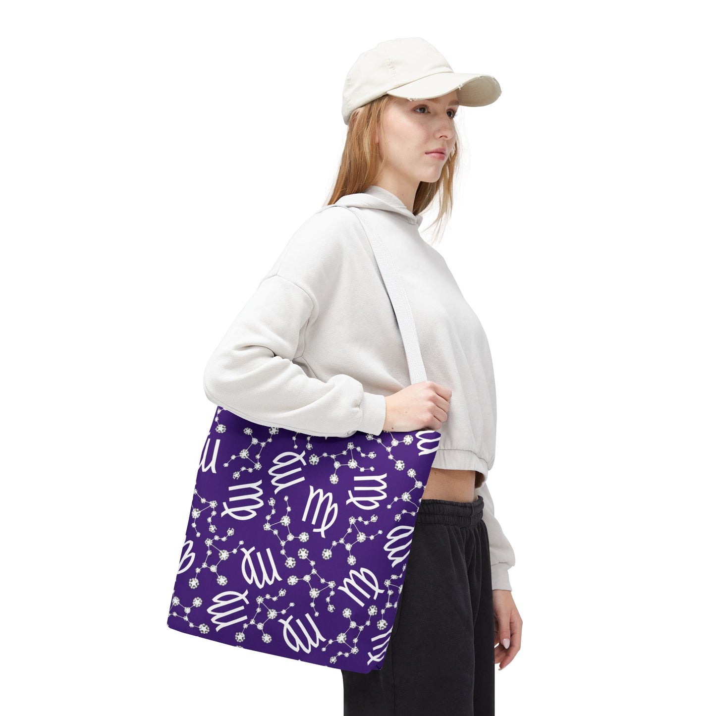 Tote Bag, Virgo Zodiac Sign, AOP, (Purple, White)