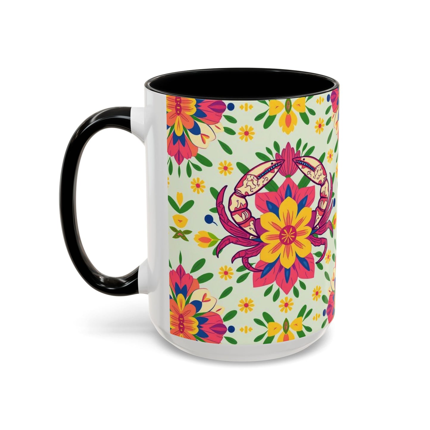 Accent Coffee Mug, Cancer, Zodiac v3, Flower Pattern, (11, 15oz)