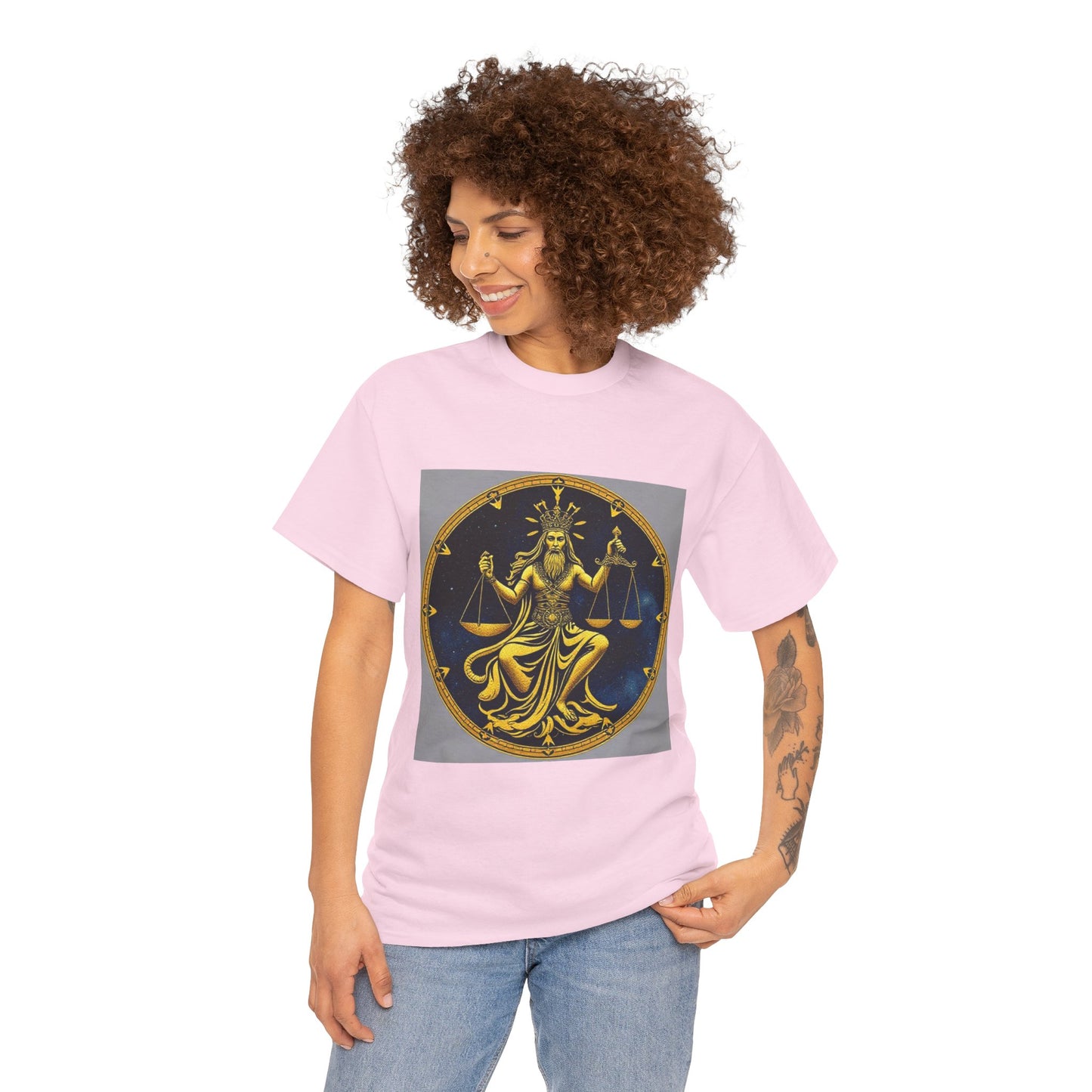 Unisex Heavy Cotton T-Shirt, Gold v1, Libra God, Zodiac Design