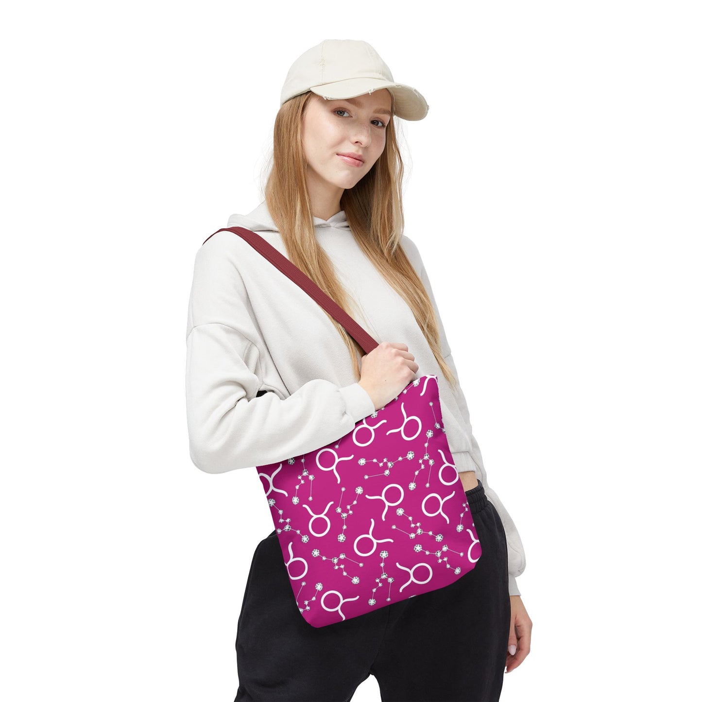 Tote Bag, Taurus Zodiac Sign, AOP, (Pink, White)
